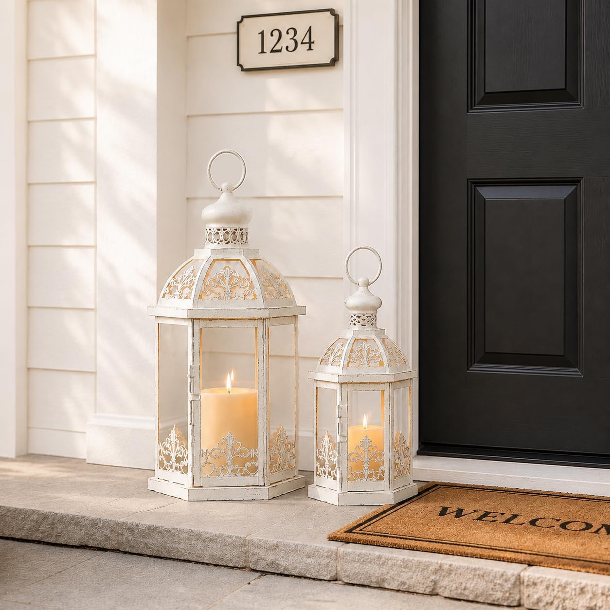 Lanterns Decorative Outdoor&Indoor, Set of 2 (15"&11") Beige Metal Lantern Decor with Glass, Candle Holder for Porch