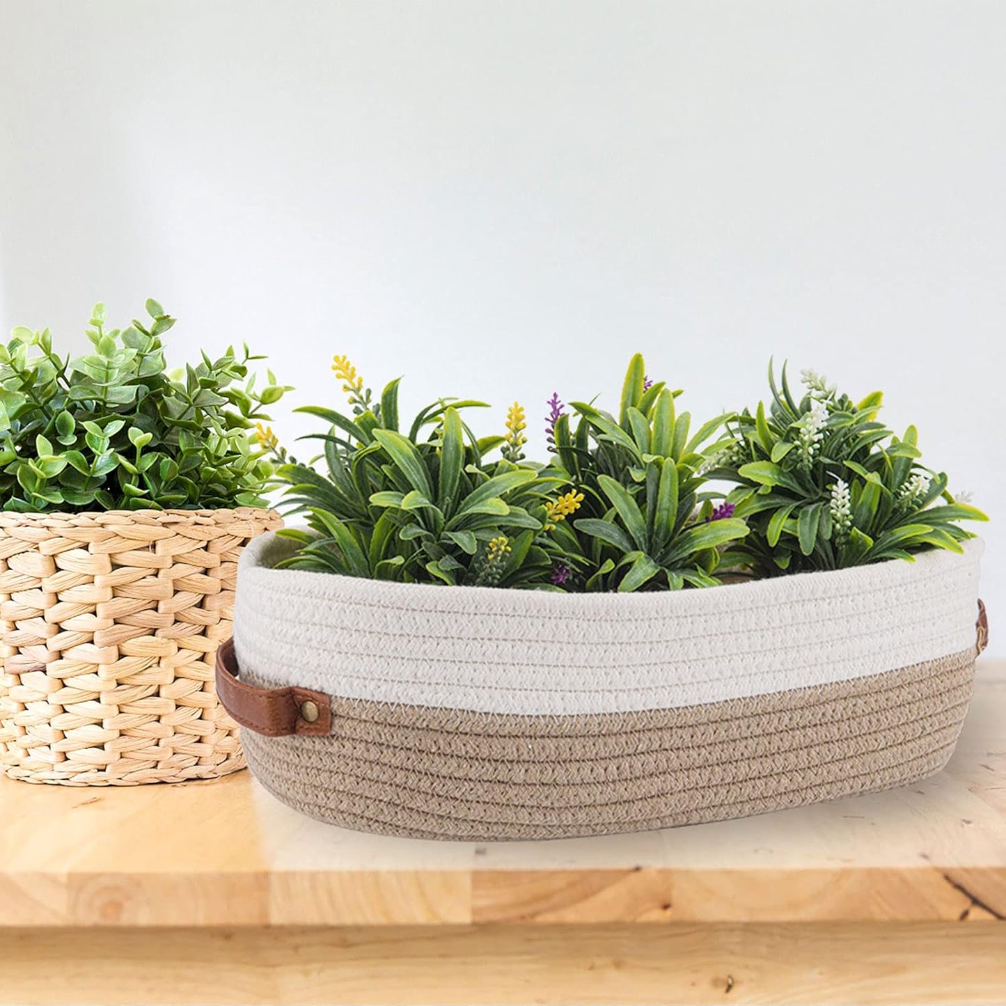 Farmhouse Home Decor Organizing Baskets " Brown / Brown Stitching White / 13 x 5.9 x 4