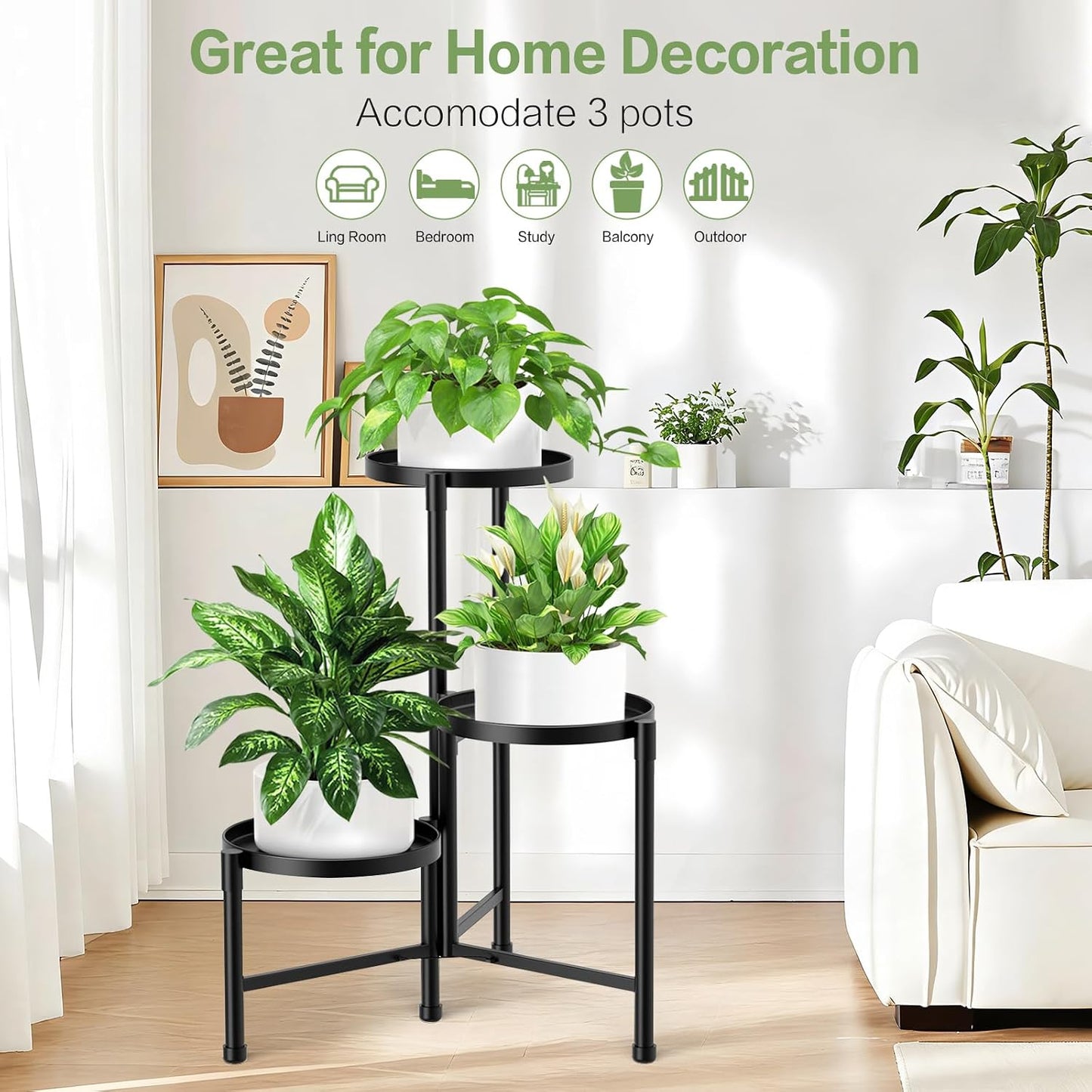 3 Tier Metal Corner Plant Stand Indoor Outdoor, 10 Inch Wide Tray, Black | 30 In Tall Foldable Iron Flower Pot Holder