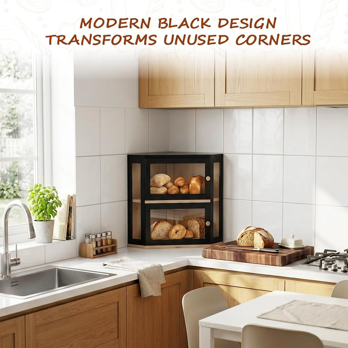 Black Corner Bread Box for Kitchen Countertop,Large Bread box | 2 Tier Bamboo Wood Corner Bread Box for Homemade Bread