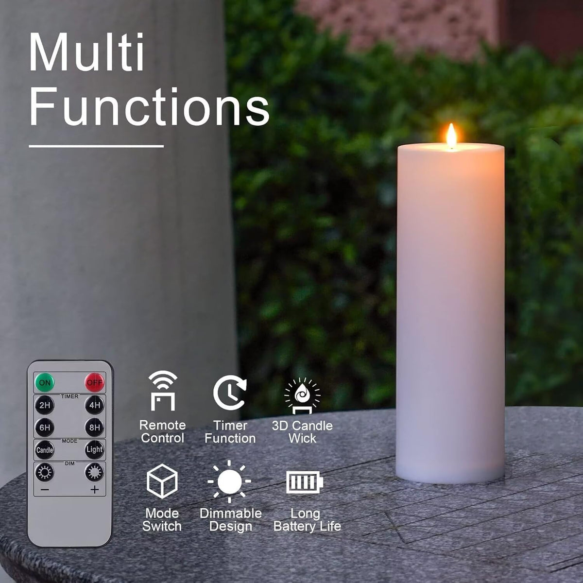 Large Flameless LED Candles Outdoor: 12" x 4" Battery Operated Pillar Candles Flickering with Timer Waterproof Fake