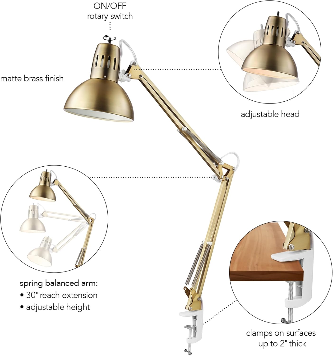 Globe Electric 62000010 32" Multi-Joint Desk Lamp with Metal Clamp, Matte Brass, White Accents, On/Off Rotary Switch on