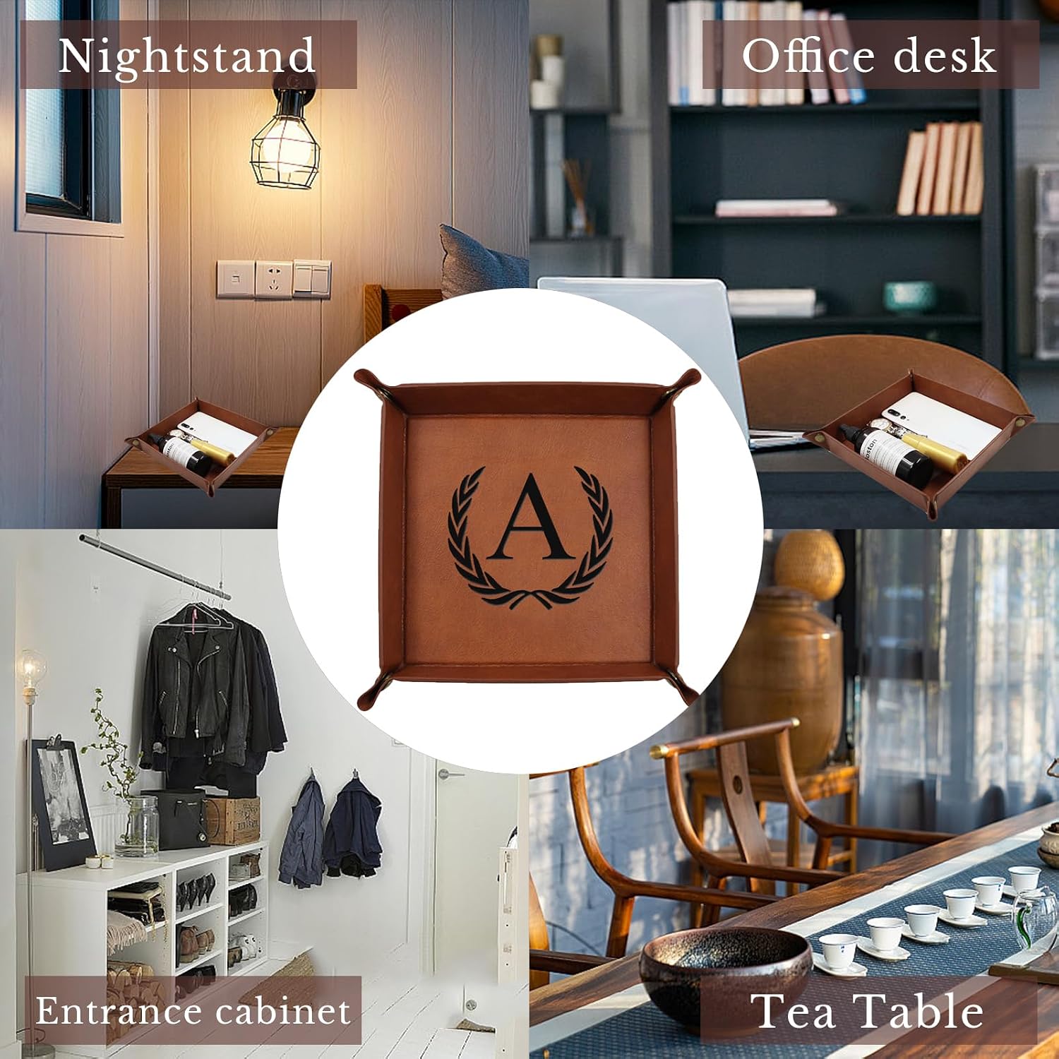 Personalized Leather Valet Tray Engraved Initials Key Tray Nightstand Organizer Valentines Day / M