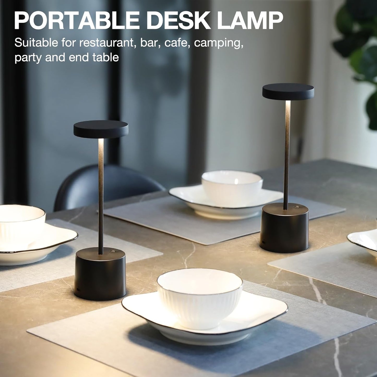 Cordless Rechargeable Table Lamp, 4000mAh Battery Operated, Black, 2 Pack | Wireless LED Lamp, 3 Color Modes, Stepless