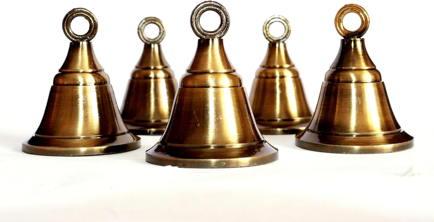 Solid Brass Pooja Bells with J Hook Home Decor Christmas Bell Wall Hanging Jingle Bell Ornaments New (24, Antique Look