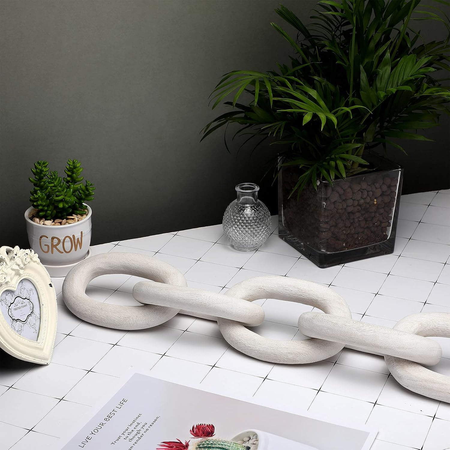 Decorative Wooden Link Chain Farmhouse Wooden Chain Decor 5 Link Decoration for Family Home / White