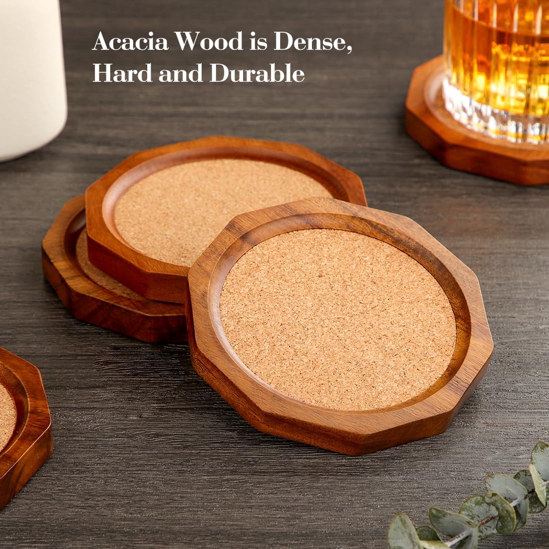 Holder / Decagonal Shape Acacia Wood Coaster Set Drink Coasters / Cork / 4.33 Inch
