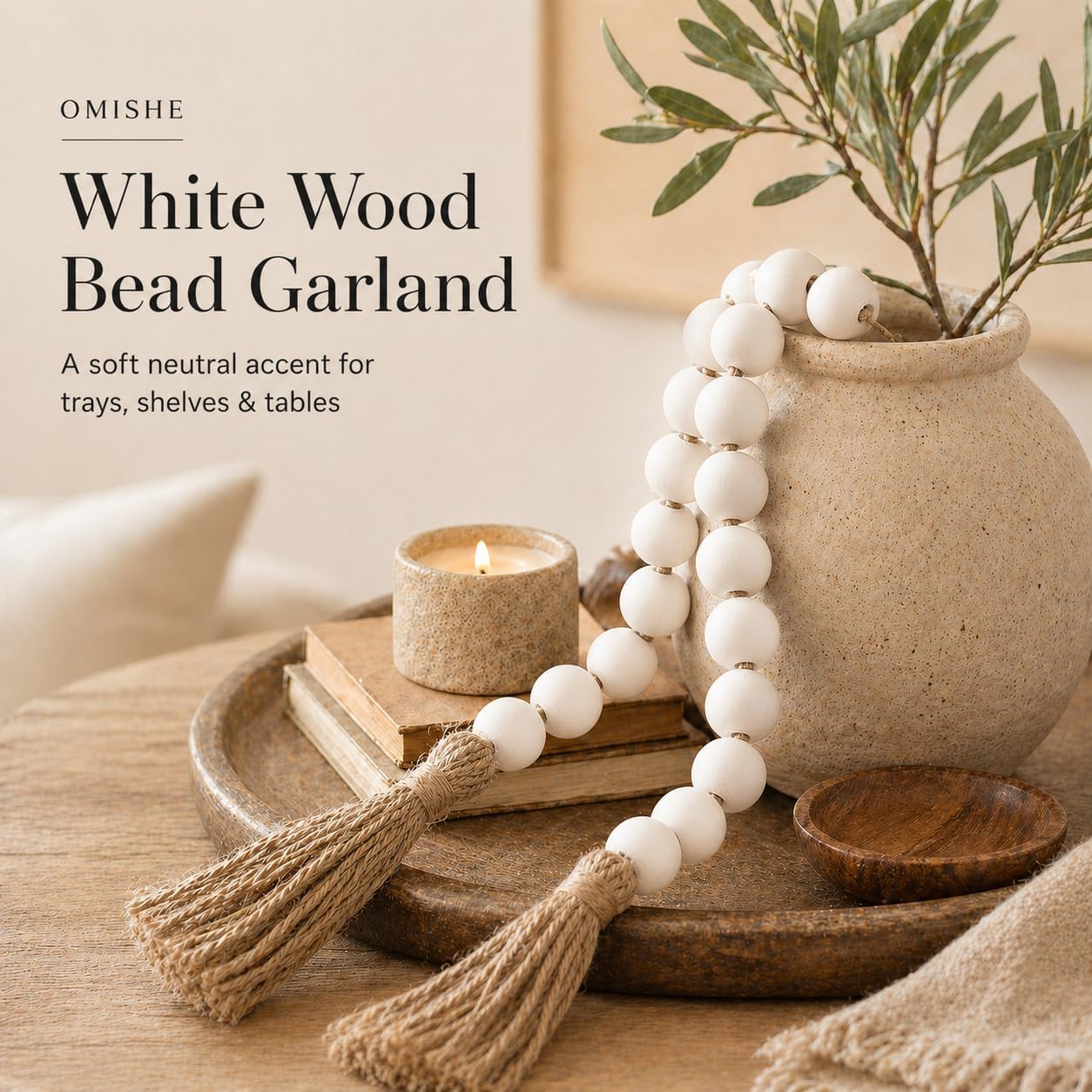 76" Long Extra Large Wood Bead Garland / 4 White / 76 Inches