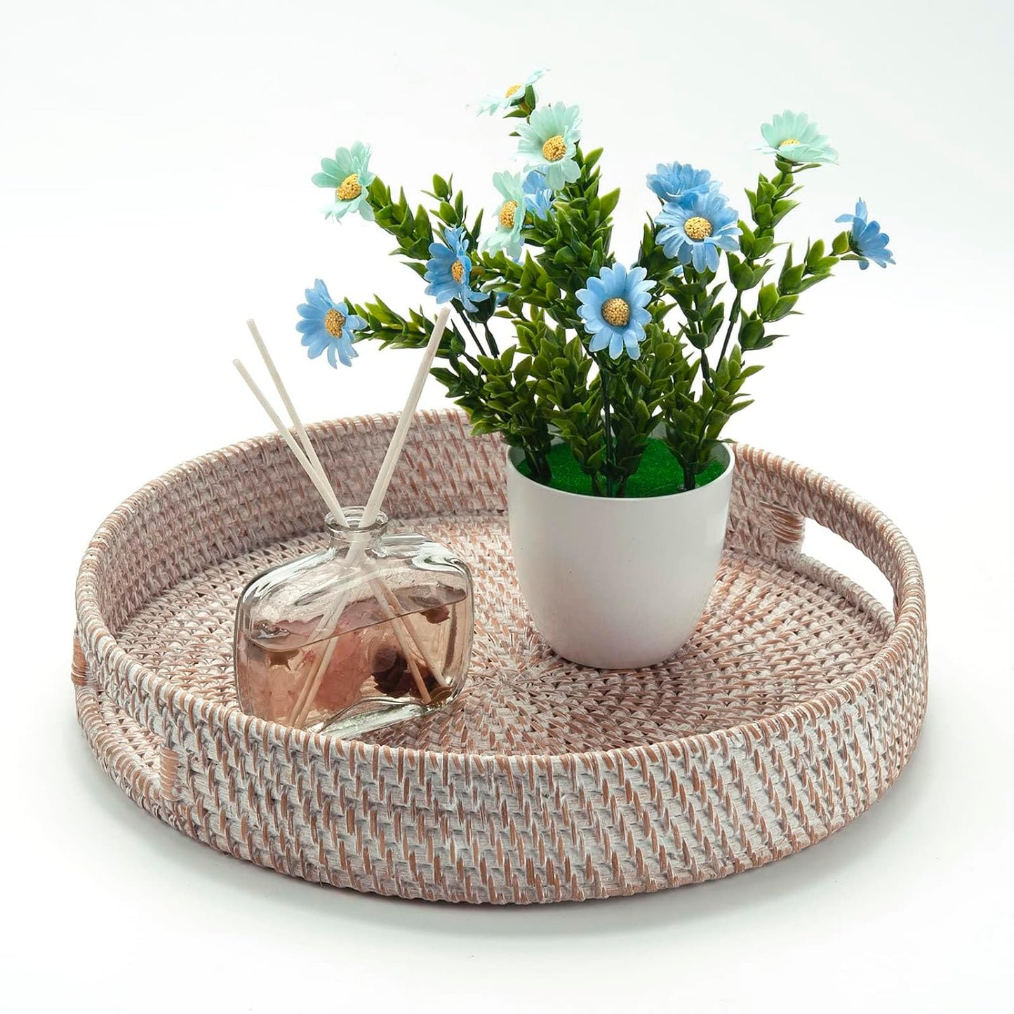 Round Rattan Tray / Whitewash / 11.8