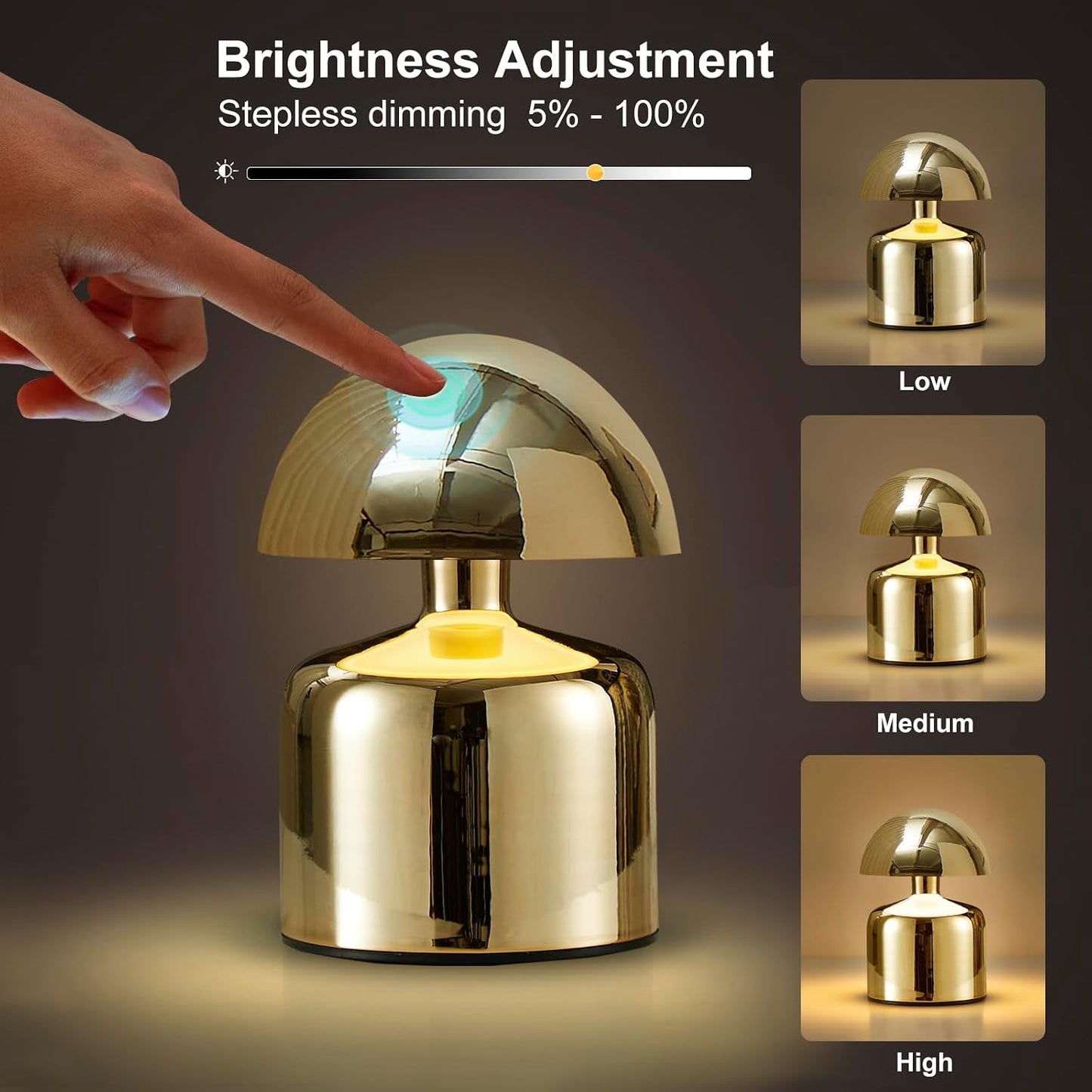 SAIWEYA Modern Cordless Mushroom Small Table Lamp, Dimmable Touch Battery | 3-Way Dimmable, Mini Rechargeable LED Desk