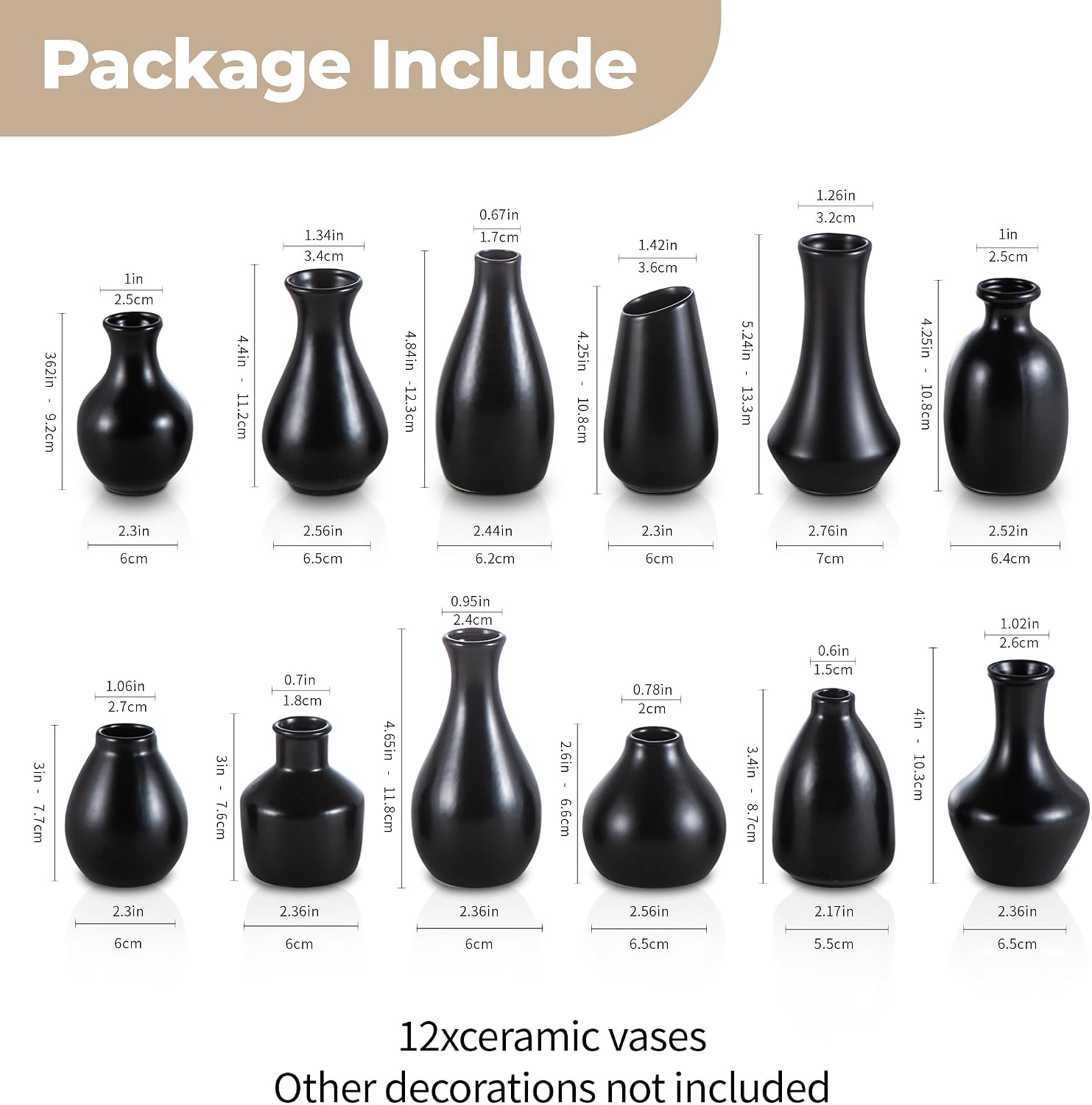 Ceramic Bud Vases / Black Bud Vases / Set of 12