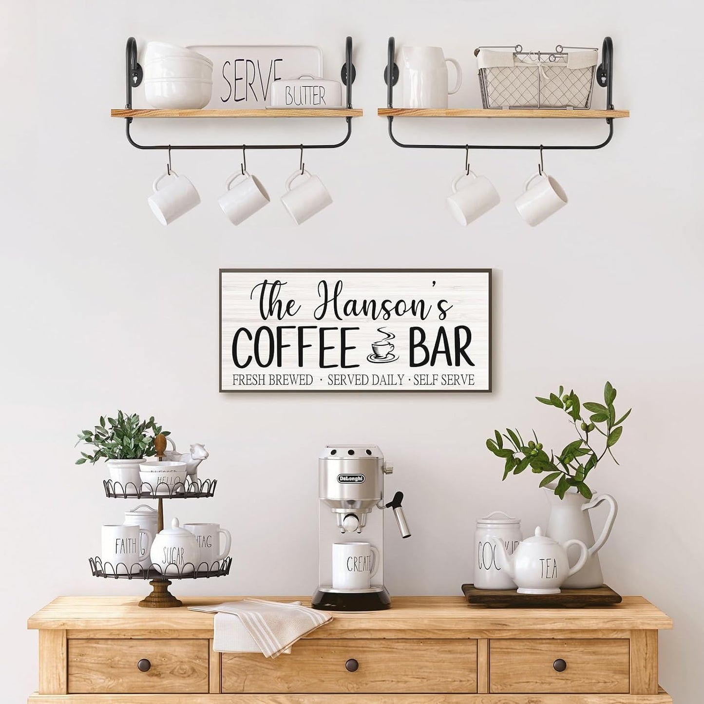 Olakee Floating Wall Shelves for Kitchen Bathroom Coffee Nook with 10 Adjustable Hooks for Coffee Mugs, Coffee Bar