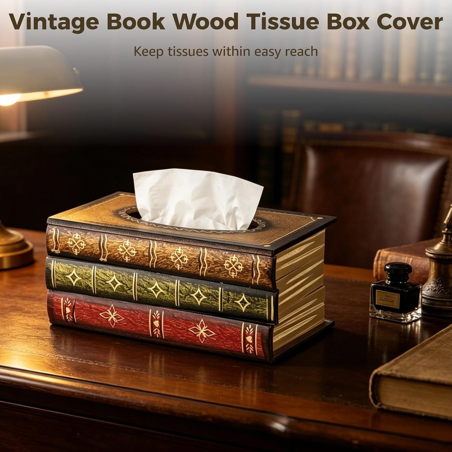 Vintage Book Wood Tissue Box Cover / Brown / 10.2 x 5.9 x 4.1