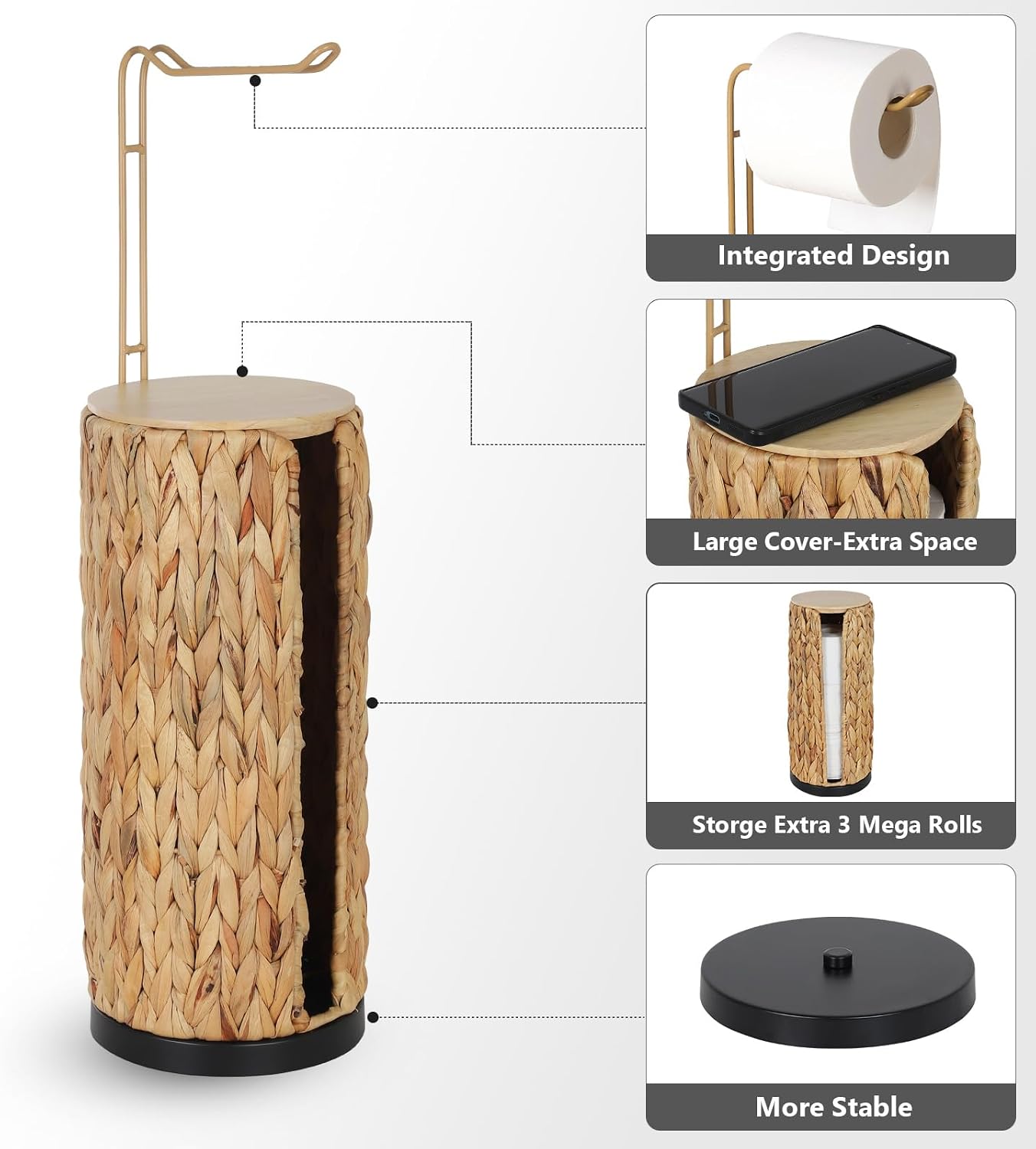 Freestanding Toilet Paper Holder with Storage,3 Rolls of Tissue Holder for Bathroom,Handmade Woven Toilet Paper Roll