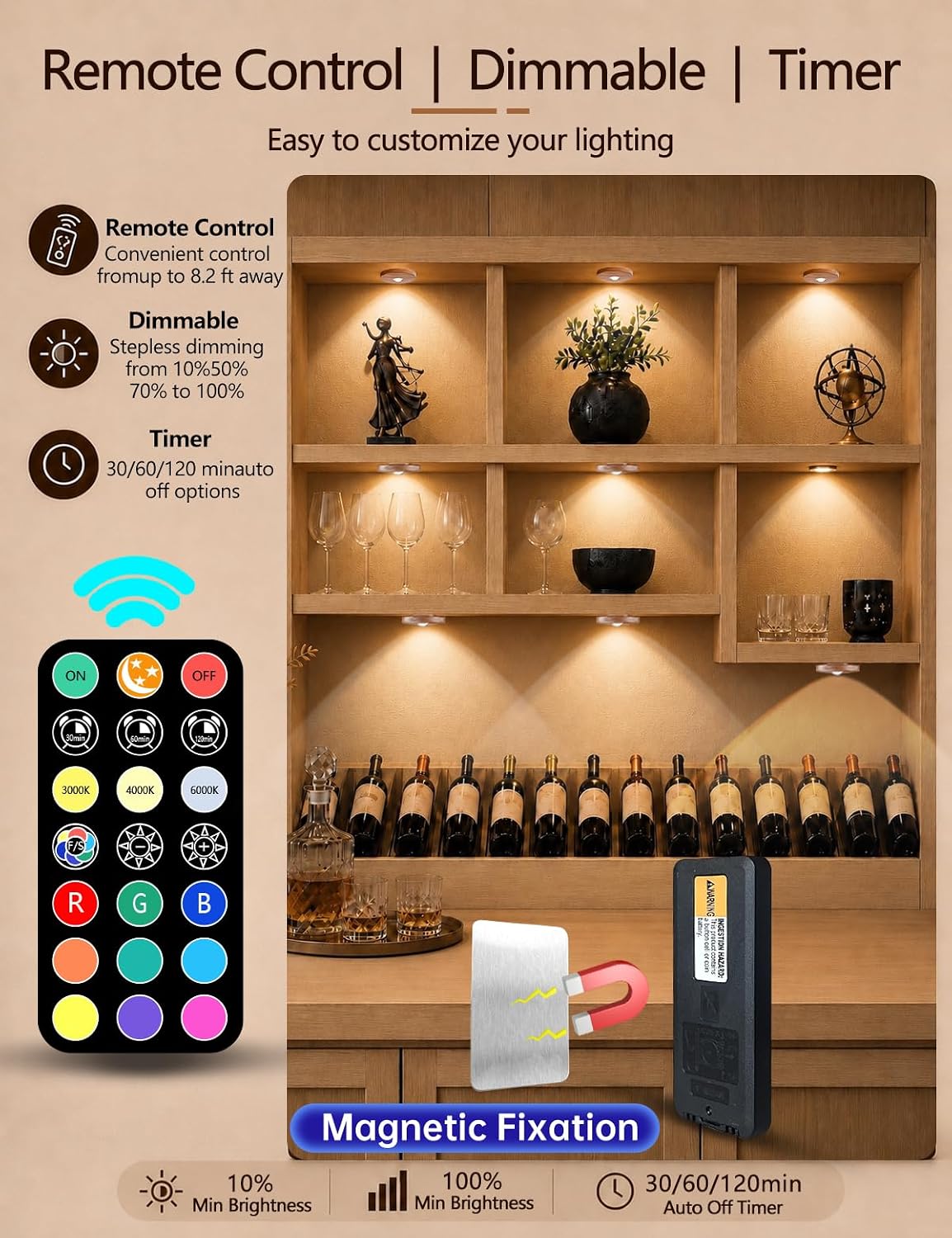 Puck lights with remote, 2000mAh rechargeable cabinet light, Under Cabinet Lighting Wireless, Display Cabinet, Dimmable