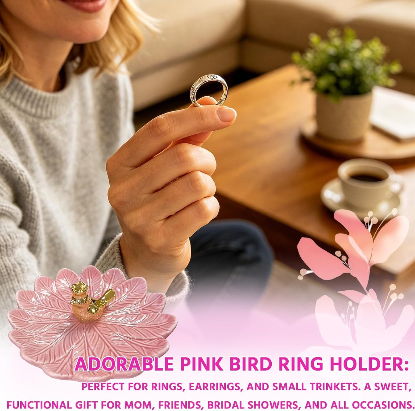 Golden Bird Ceramic Ring Holder Dish for Women / Pink
