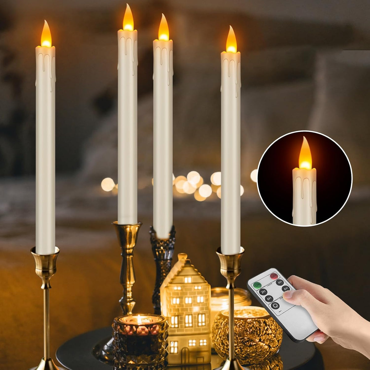 wemarry Flameless Taper Candles 10" Dripless Battery Operated Taper Candles Included Remote Timer 400+ Hours by 2AA