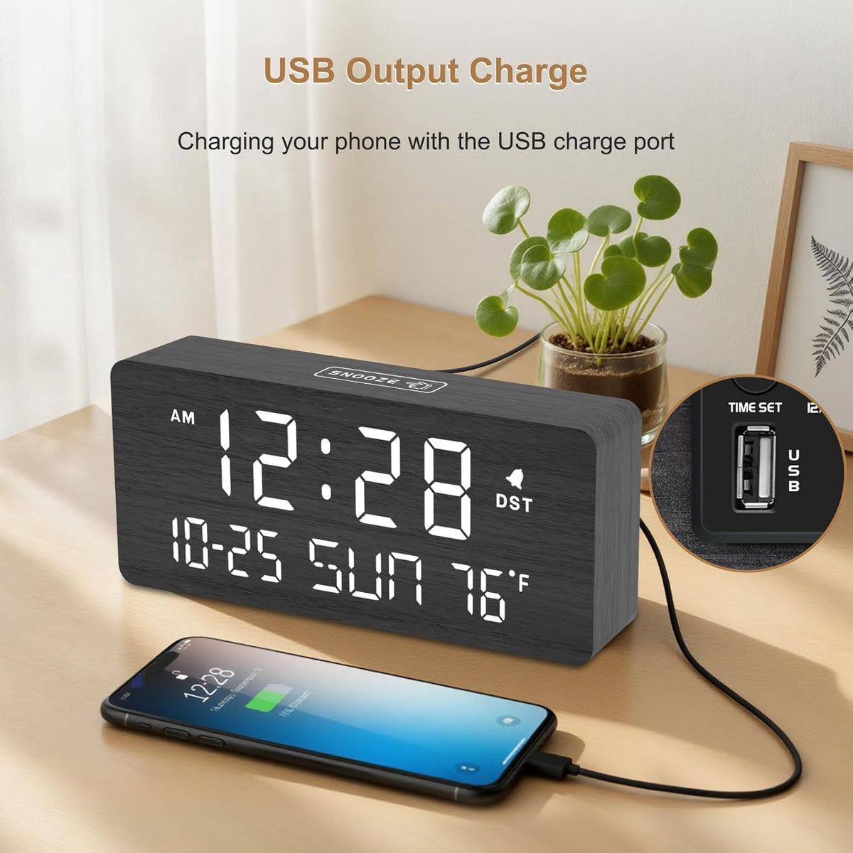 DreamSky Wooden Digital Alarm Clocks for Bedrooms with Date & Day of Week | Living Room Desk Clock, Temperature, USB
