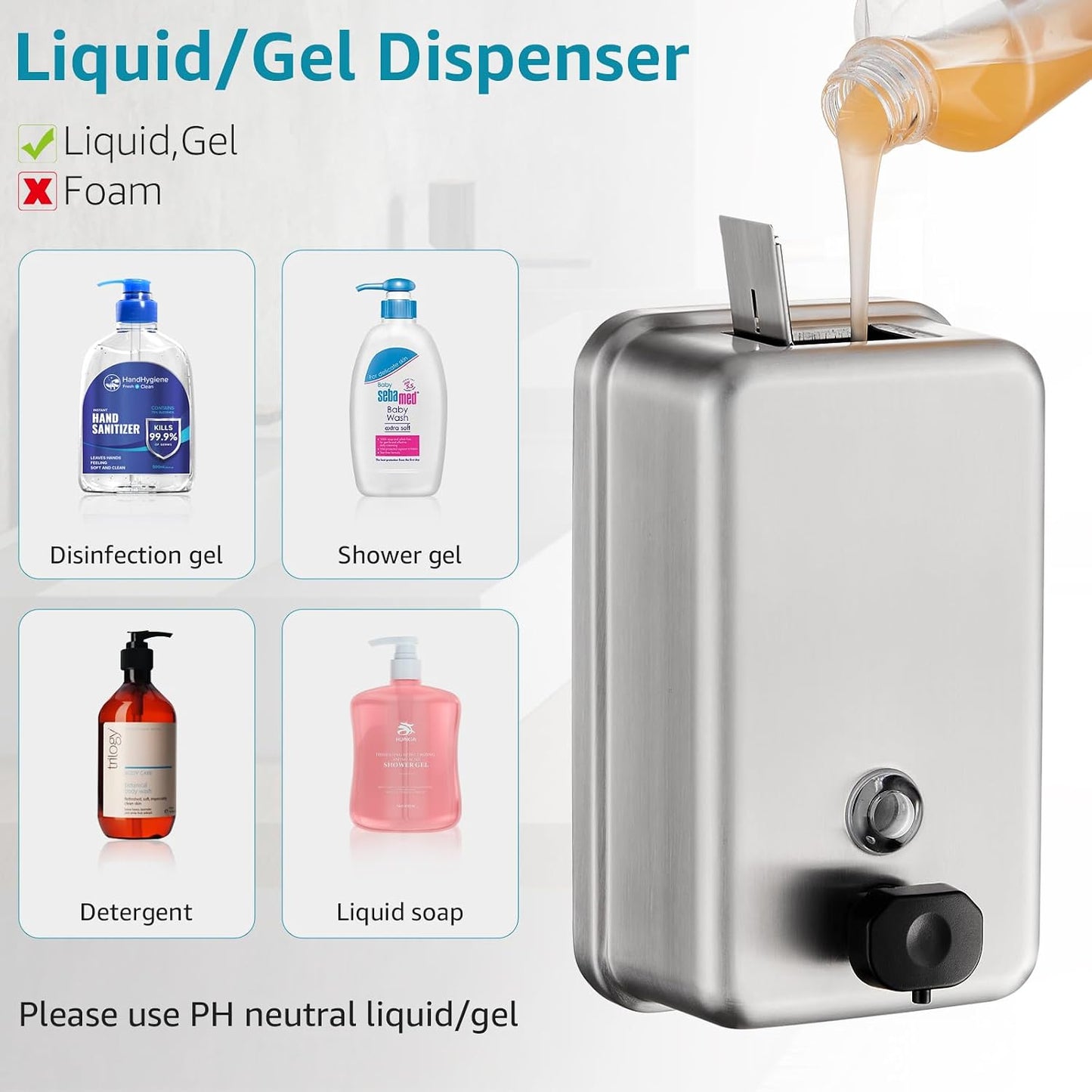 Commercial Wall Mount Soap Dispenser - Stainless Steel Bathroom Hand Soap 38.8oz Liquid - Anti-Leak Pump and Large