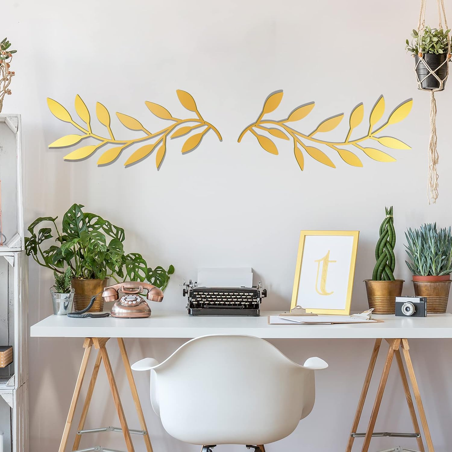 Metal Tree Leaf Wall Decor Vine Olive Branch Leaf Wall Art Living Room / Gold / Set of 2