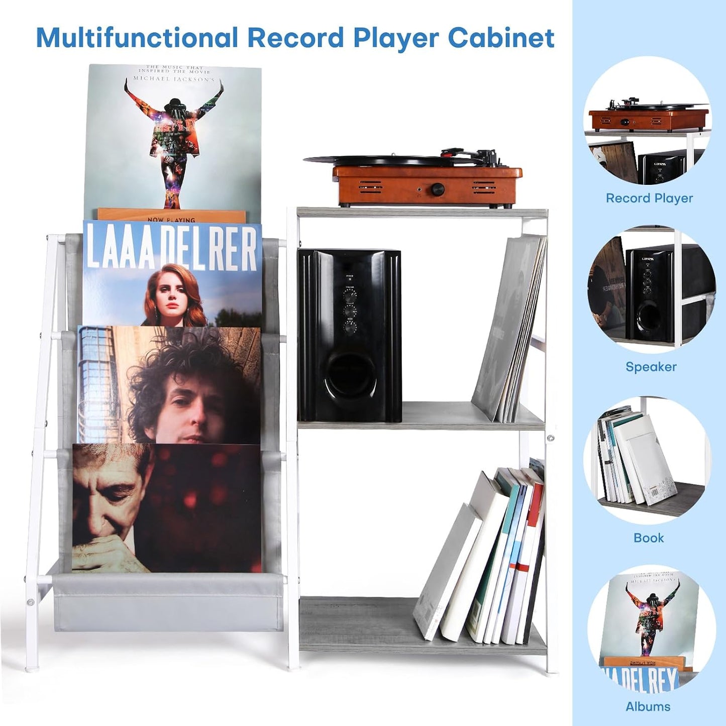 HYCFYJR Record Player Stand, Vinyl Record Storage with Now Playing Holder | 3 Tier Turntable Stand with Album Storage