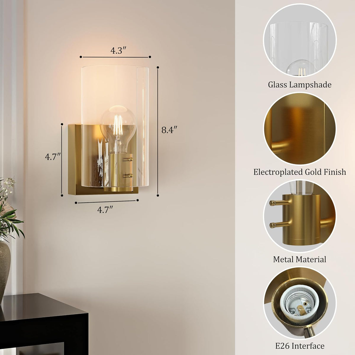 Gold Battery Operated Wireless Wall Sconces Set of Two, Warm Wall Lights | Dimmable Rechargeable Wall Sconce with