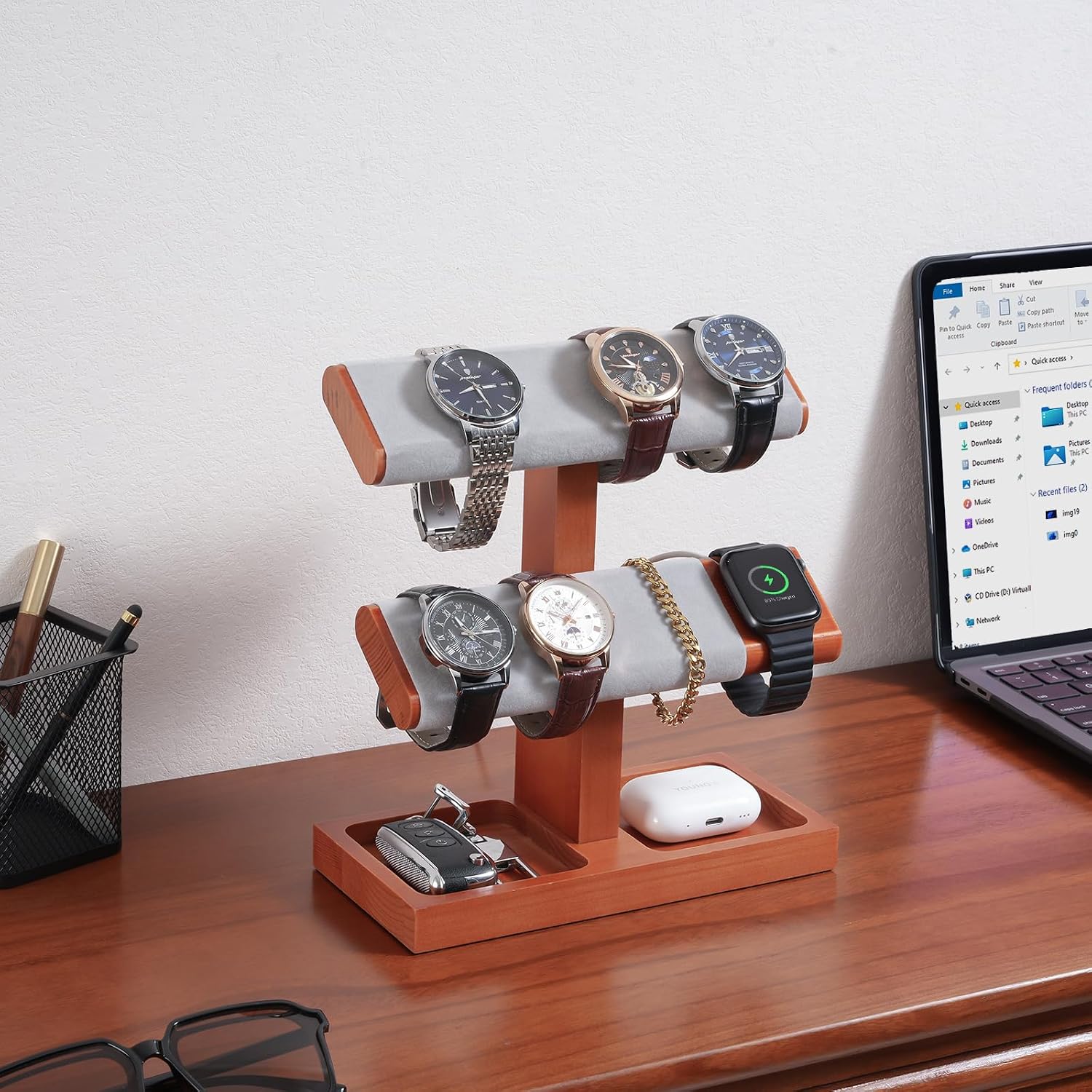 ProCase Wood Watch Display Stand Holder for Men, Wristwatch Tower with T-Bar Design, Hanging Watch Rack, Wooden Wrist
