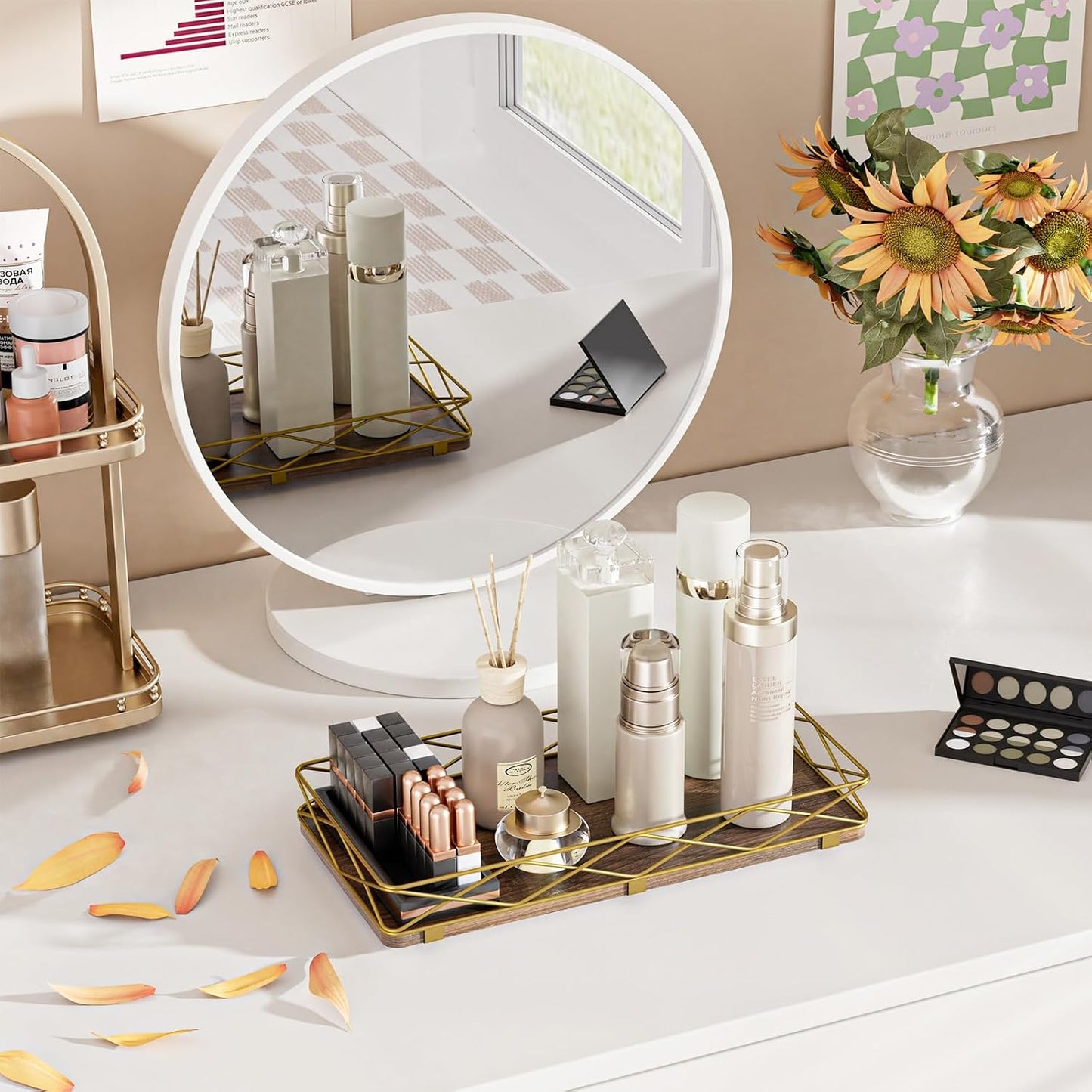 Wood and Metal Toilet Tray Vanity Organizer Bathroom Tray / Brown+gold