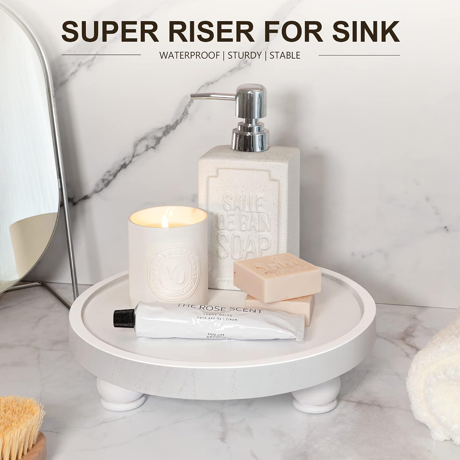 EOSAHR Wood Display Riser: Pedestal Stand for Bathroom Boho Decor, White | 10" Round Display Stand, Risers for Decor