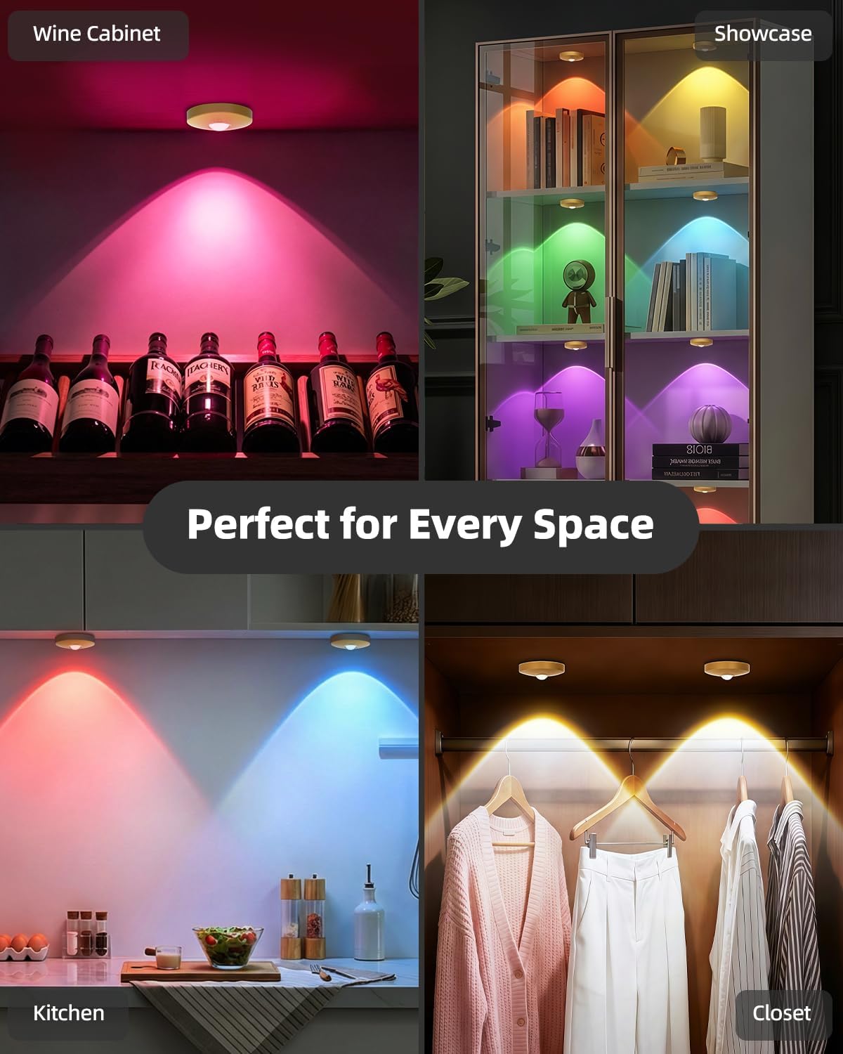 RGB Rechargeable Puck Lights with Remote Control, 1500mAh Battery Operated Tap Lights, Dimmer & Timer Under Cabinet