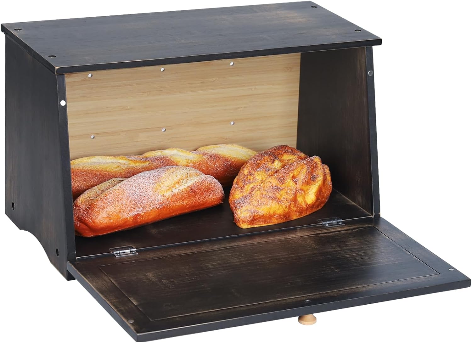 HOMEKOKO Vintage Wood Bread Box for Kitchen Counter,Retro Storage Bin,Black | Retro Farmhouse Style, Holds 2 Loaves