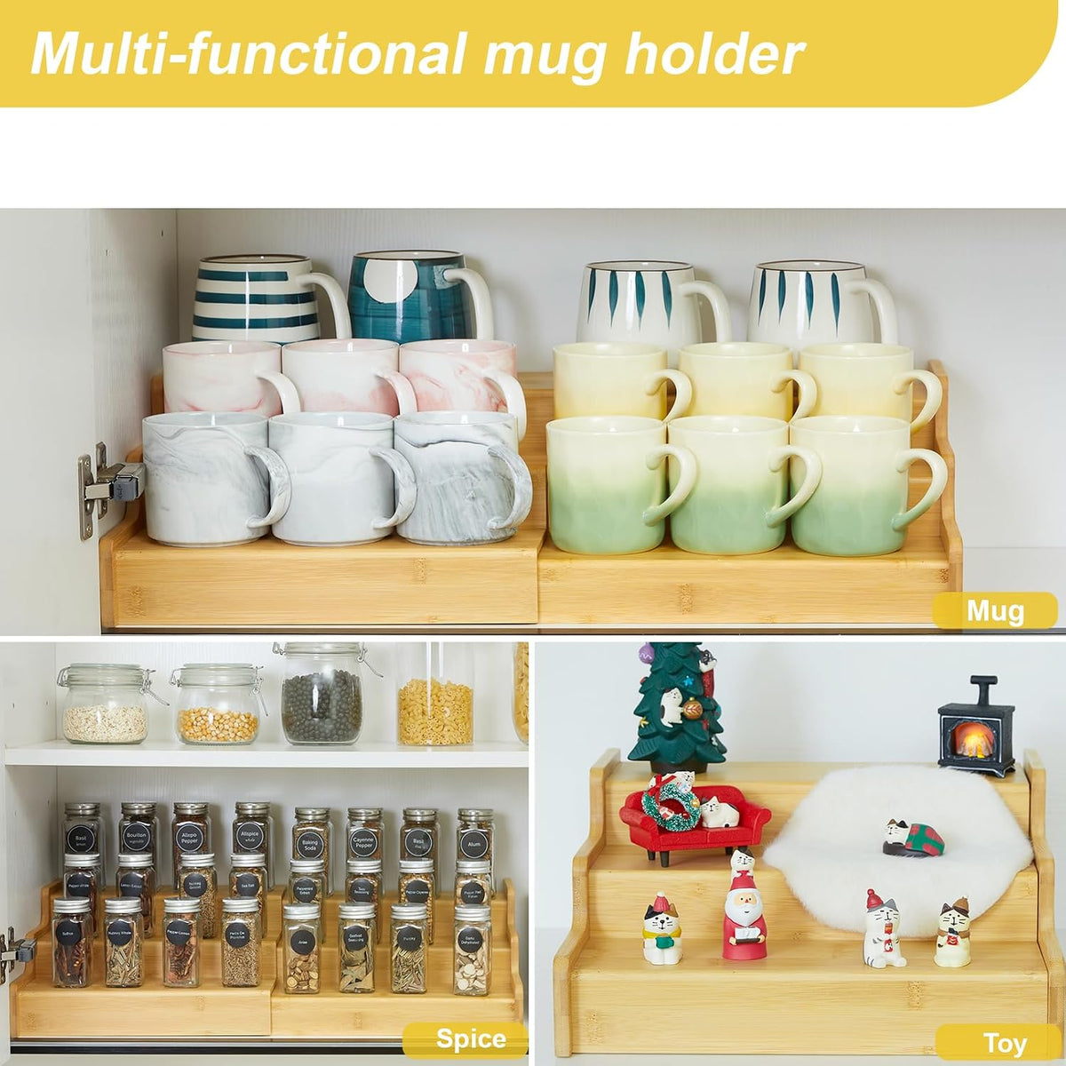 Hongtamoya 3-Tier Expandable Bamboo Mug Holder For Countertop Coffee Cup Holder Display Mug Organizer Mug Rack for