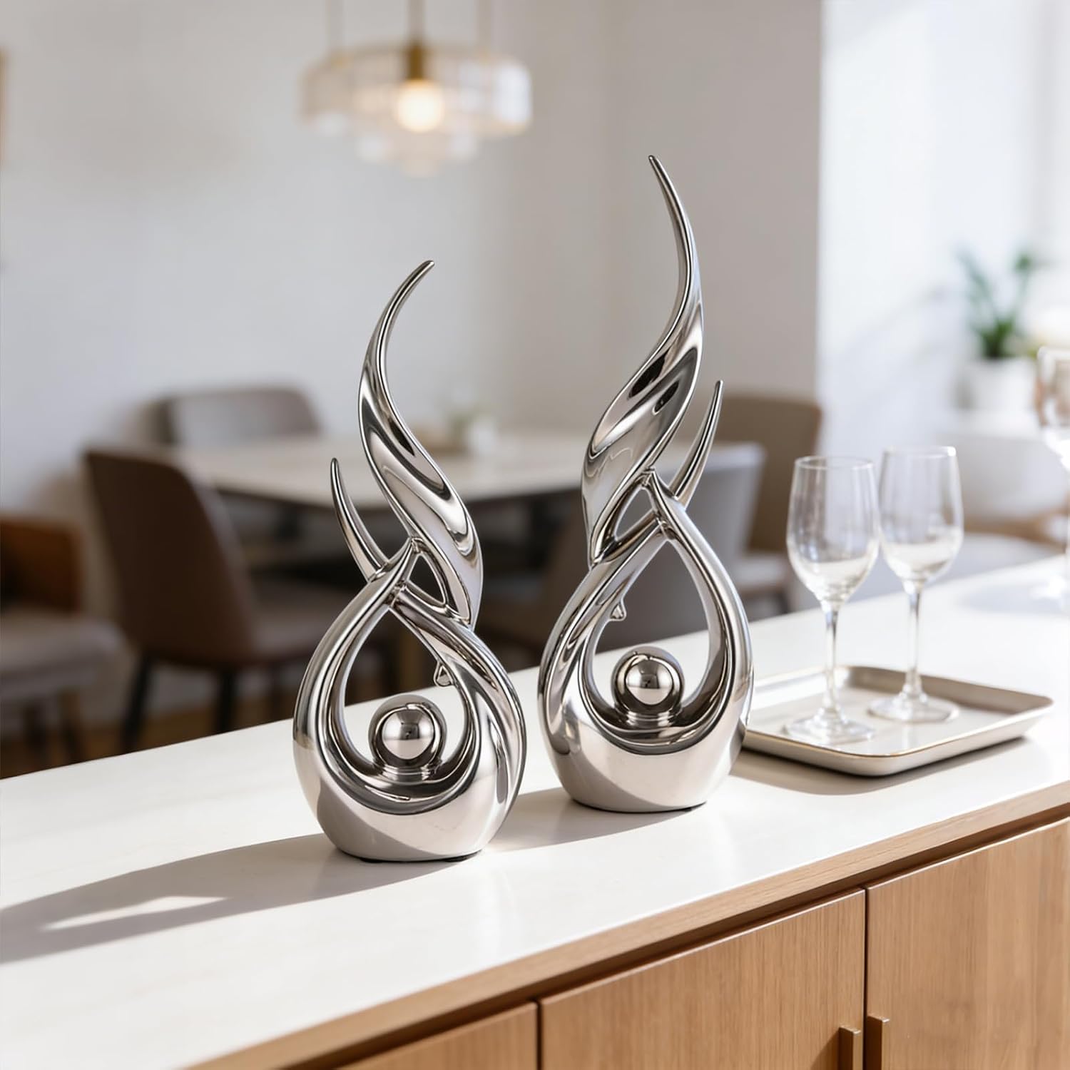 Ceramic Statues / Modern Abstract Art Sculptures / Silver / Set of 2