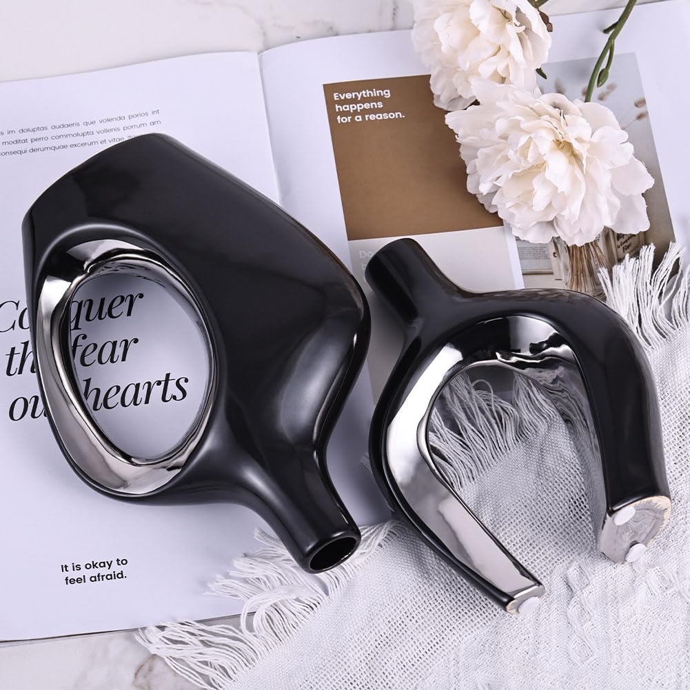 Hollow Ceramic Vase / Black and Silver / Set of 2