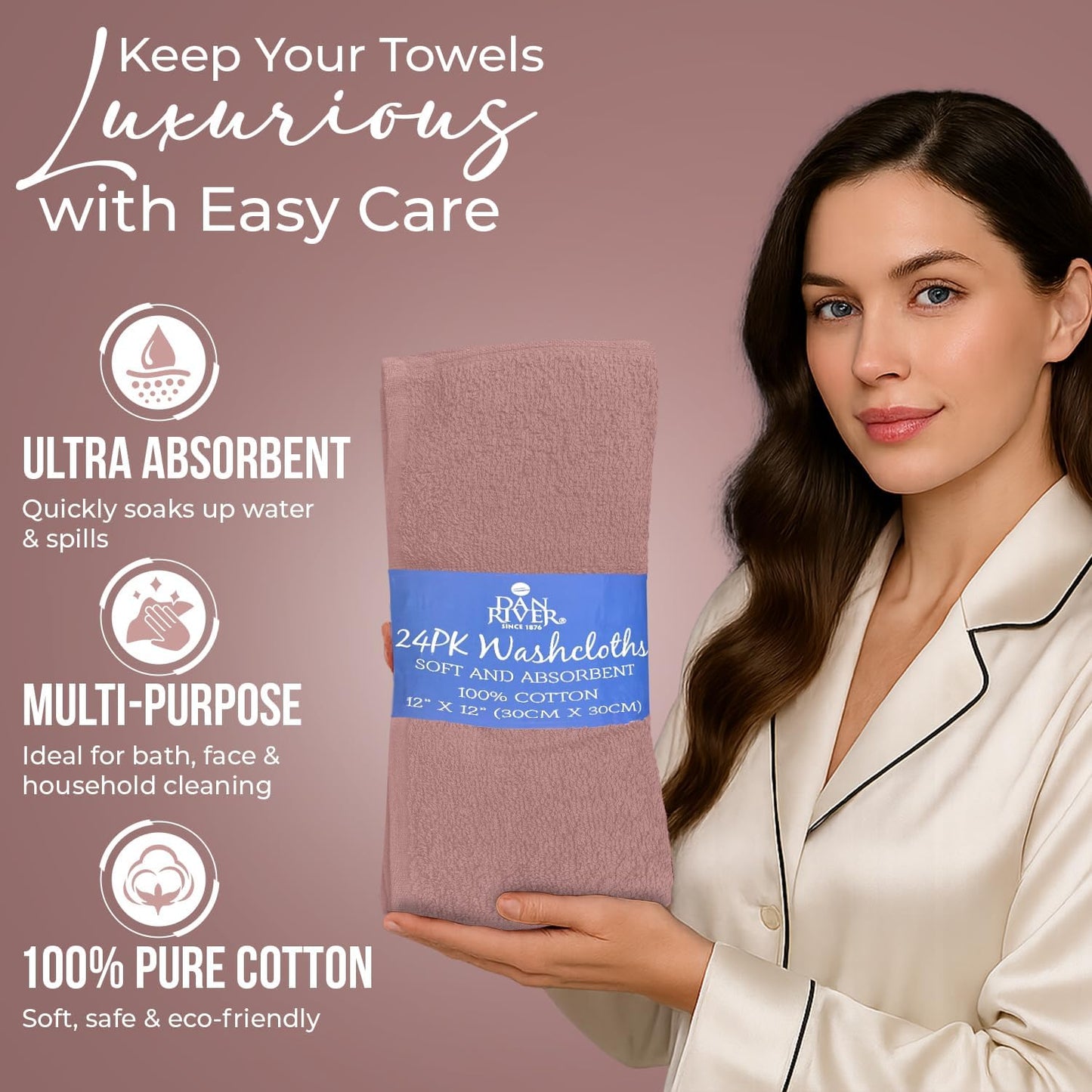DAN RIVER 24 Pack Cotton Wash Cloths Set for Showering [12x12] Dusty Pink | Lighter Weight, Quick to Dry, Super Soft &