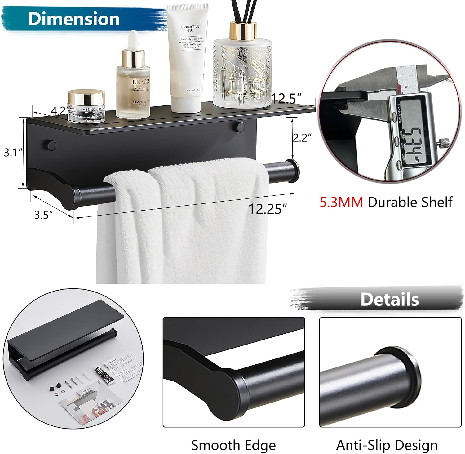 Black Paper Towel Holder Wall Mount with Thickened Shelf for Bathroom,Matte Black Adhesive Hand Towel Holder,Bathroom