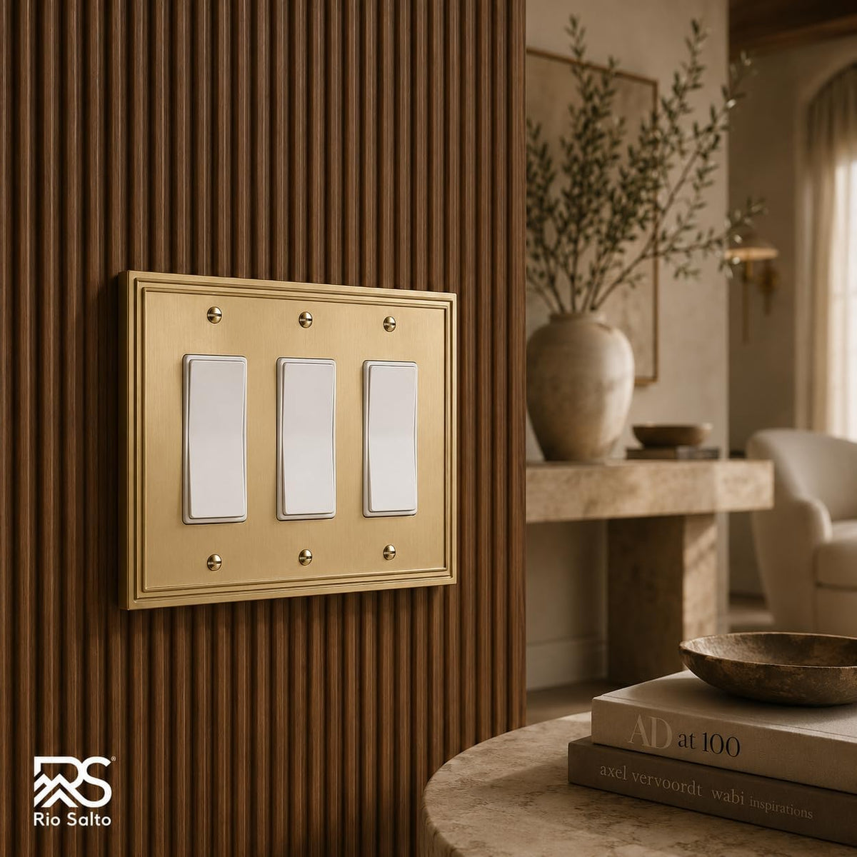 Rio Salto Gold 3 Light Switch Cover Plate Triple Rocker Decorator Paddle GFCI Decorative Gold Metal Wall Plates —