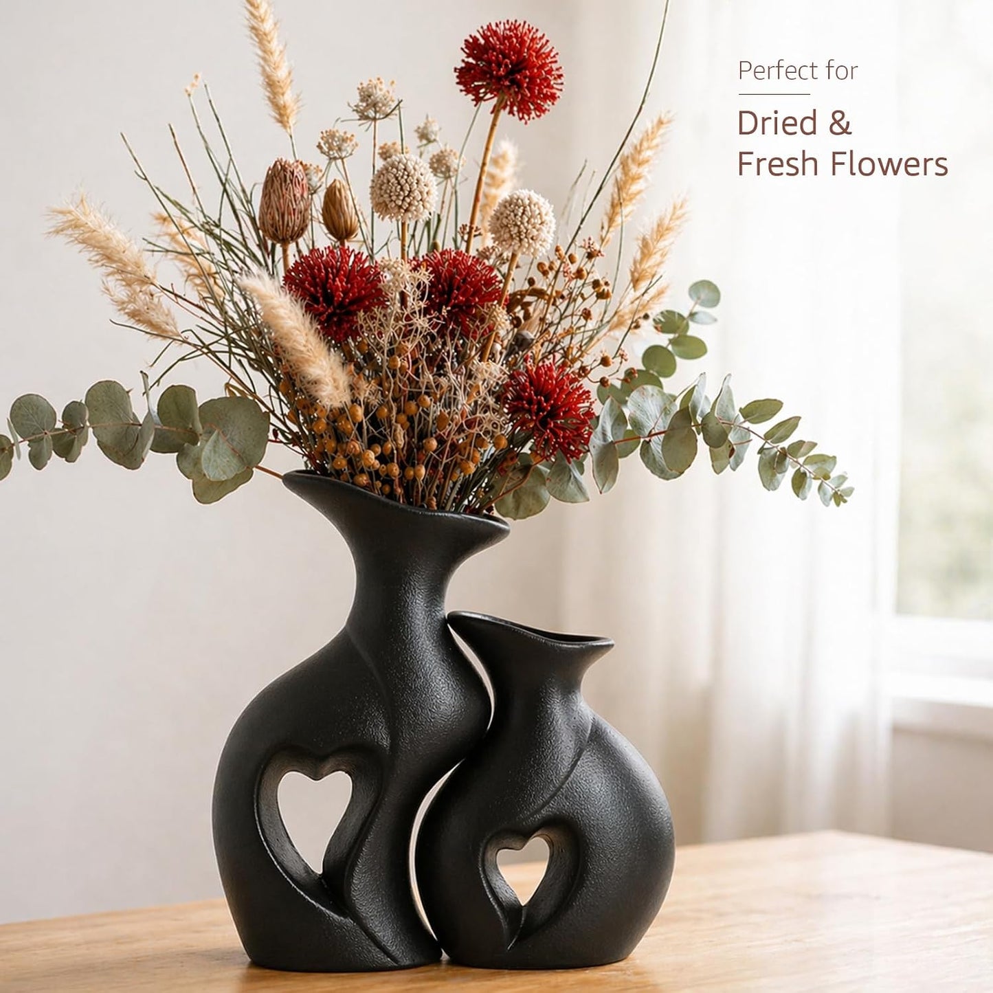 Ceramic Vases / Hollowed Heart Flower Vase for Modern Nordic Boho Home Decor / Black / Set of 2