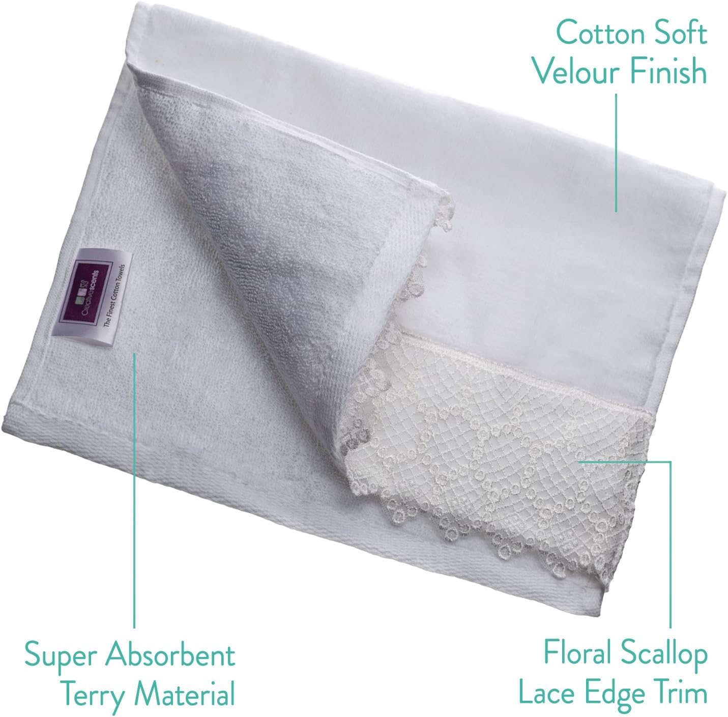 Creative Scents Fingertip Towels for Bathroom (11x18 inches) Towel Set of 4, Soft Velour Finish, Gorgeous Lace Trim