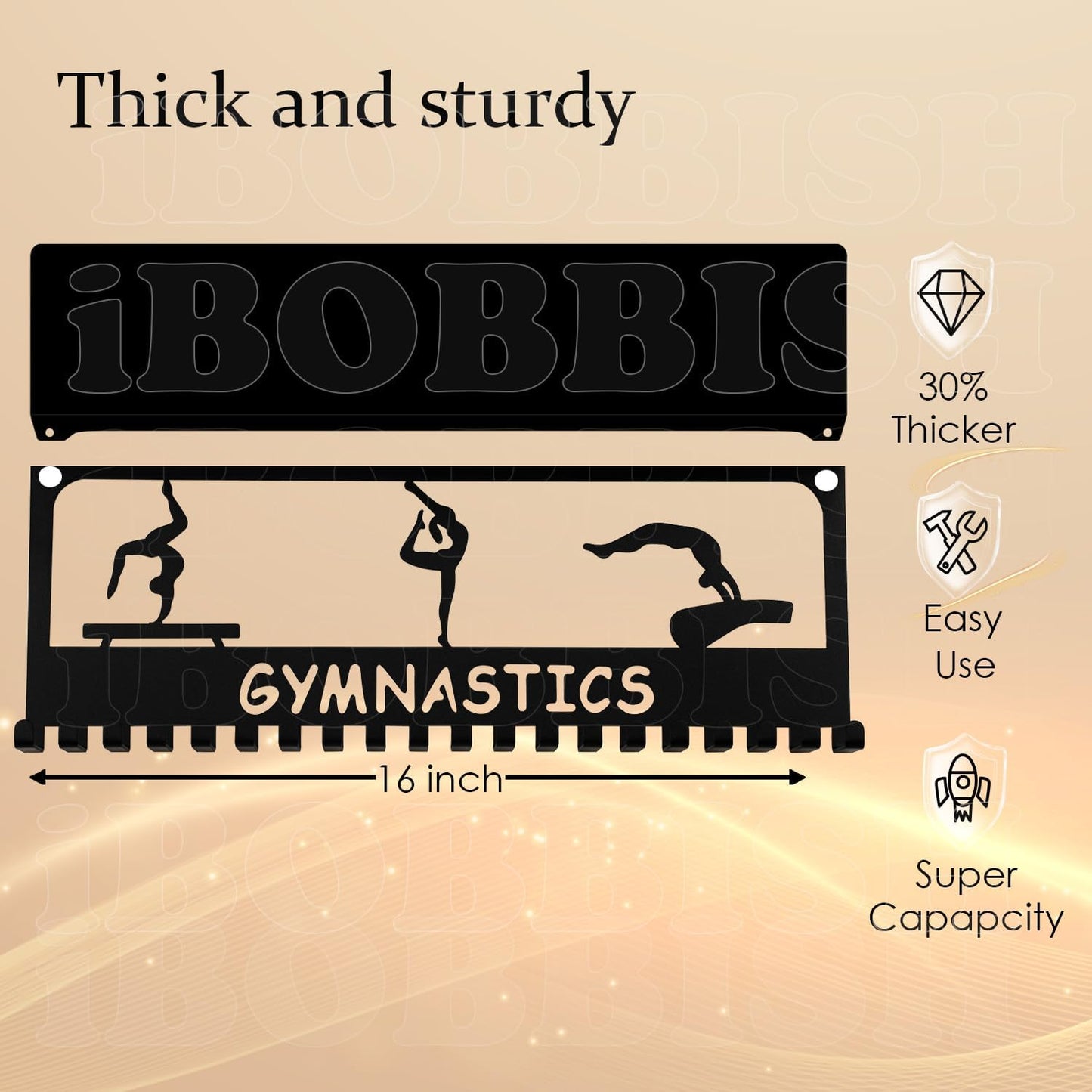 iBobbish Metal Medal Hanger Display,Non-Slip Trophy Shelf with 20 Hooks,Wall Mount,Heavy Duty,Non-Bent,Holds