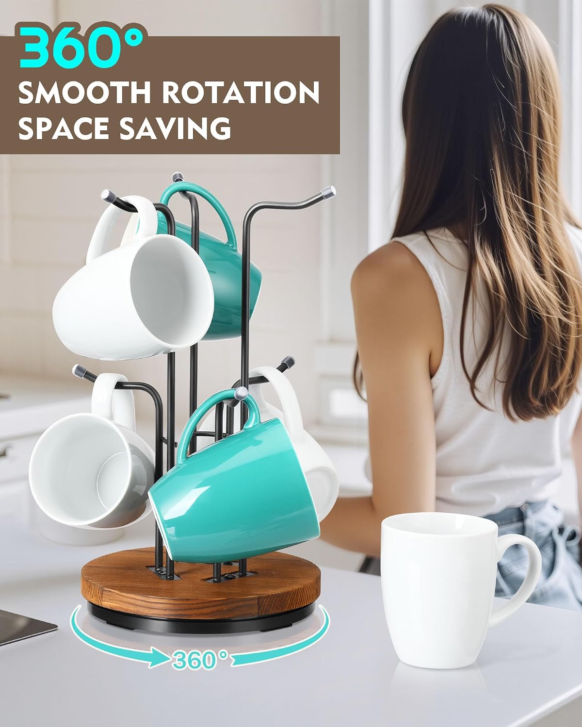 HULISEN 360° Rotating Mug Tree, Coffee Mug Holder for Large Cups, 6 Hooks | Cup Holder for Countertop, Stable Wooden