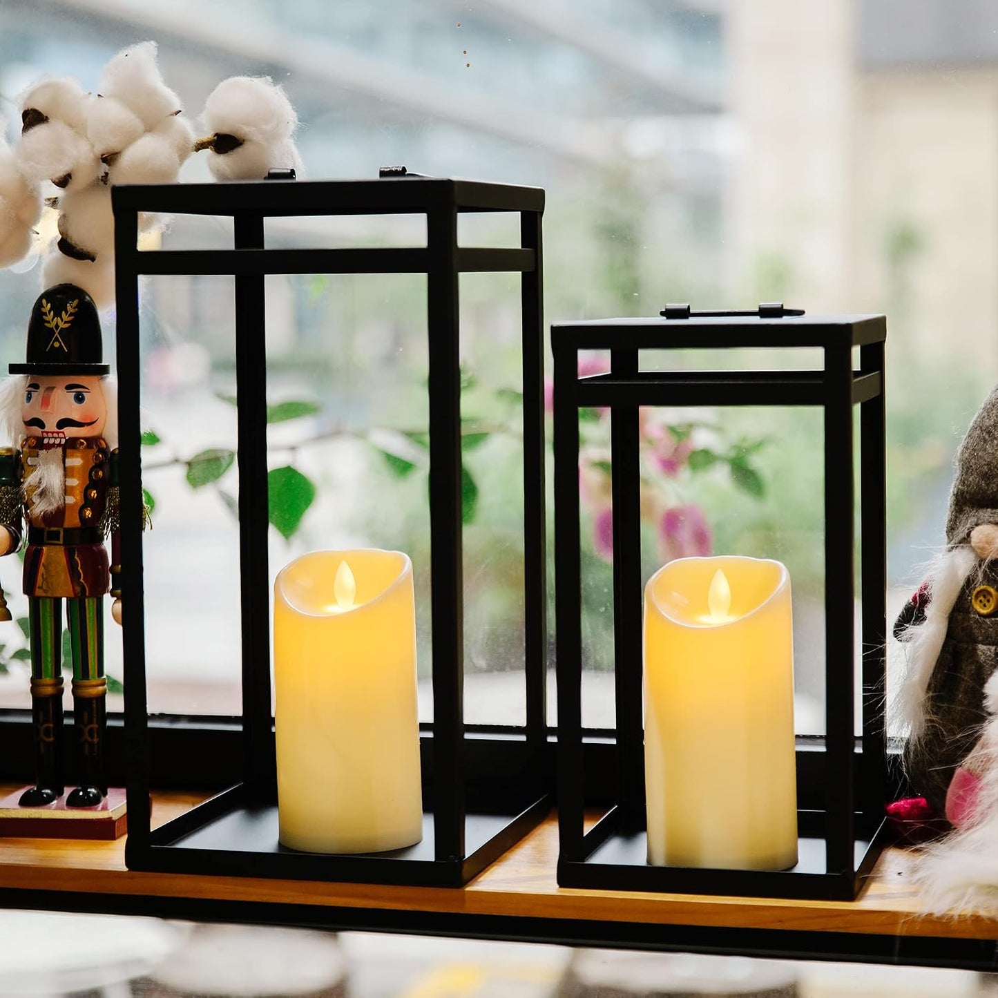 HPC Decor Black Metal Candle Lanterns Set of 2- Lanterns Decorative w/ LED Timer Candles- 15.8'' & 12.6'' Chunky Modern