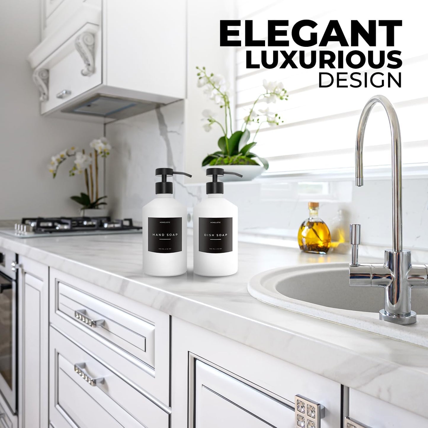 Luxury Glass Soap Dispenser Set of 2 - Elegant Aesthetic White Glass Bottles with Modern Matte Black Stainless Steel
