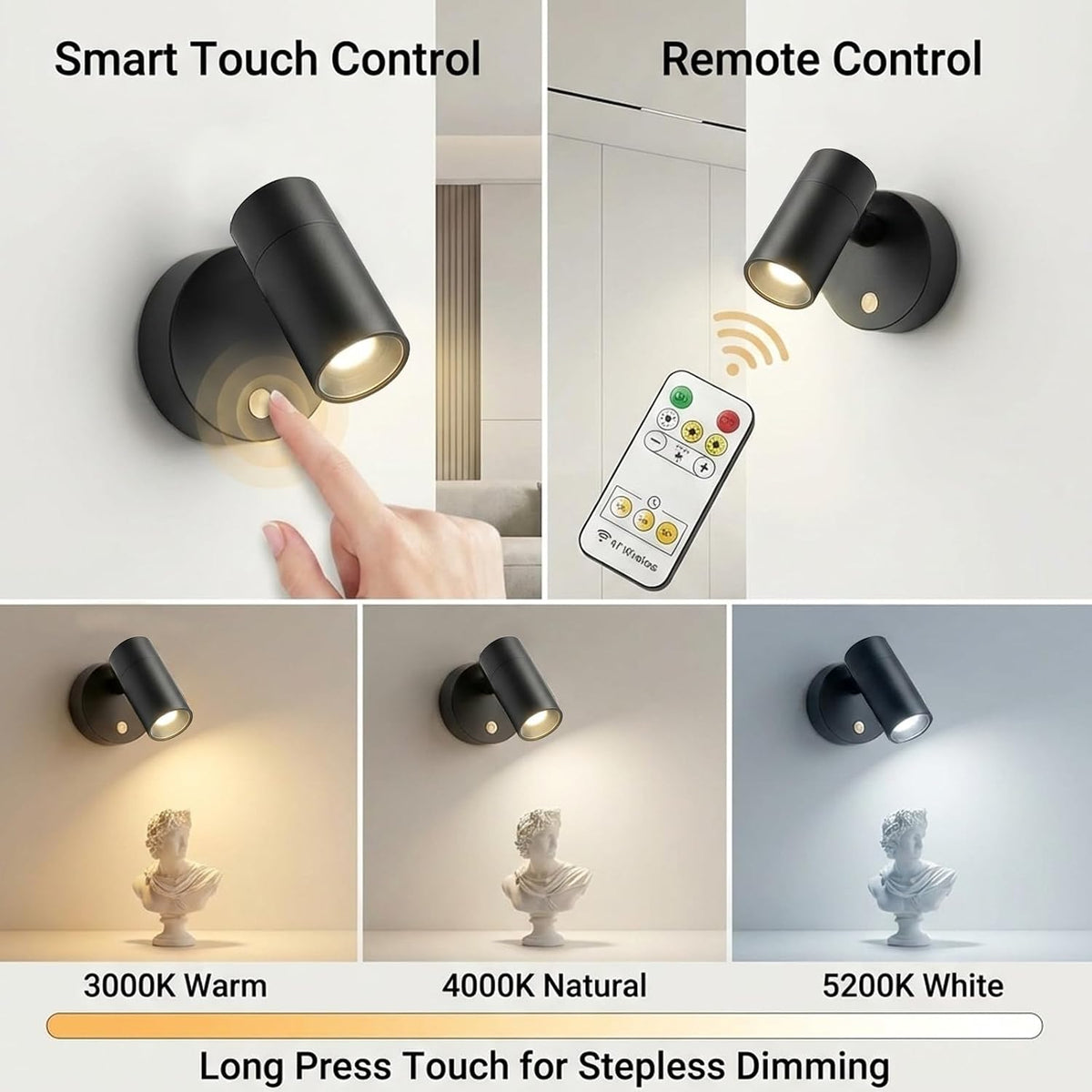 Magnetic Wireless Rechargeable Mini LED Picture Spotlight - Remote Control, 3 Color Temperatures, 2000mAh, Wall-Mounted