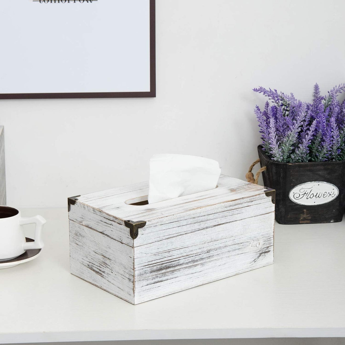Distressed Wooden Rustic Facial Tissue Box Holder Tissue Box Cover Napkin Dispenser / Washed White