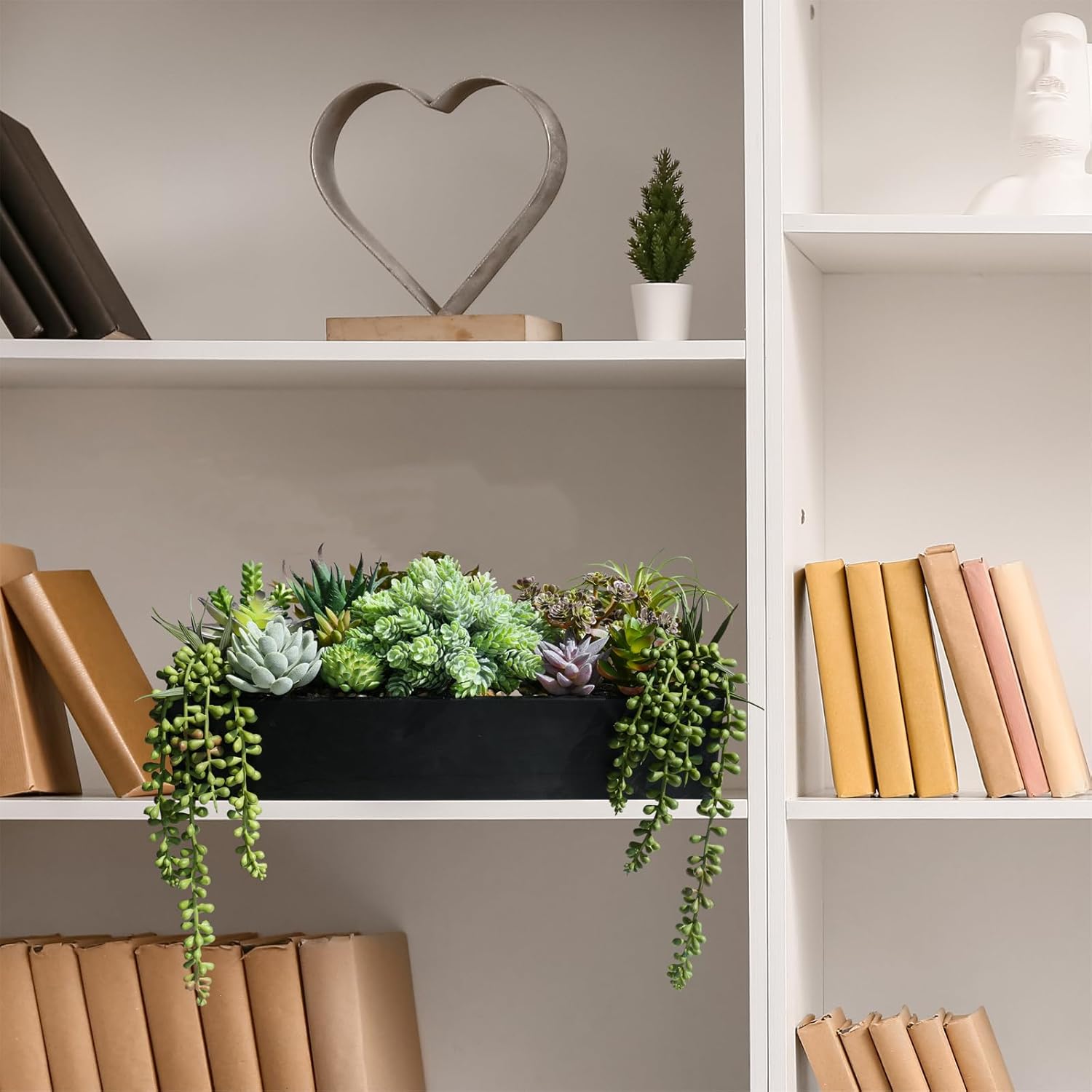 15" Artificial Succulents Arrangement Faux Succulents in Rectangular Wooden Planter Box Faux / Black