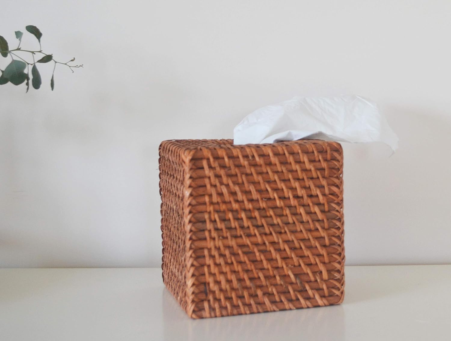 Rattan Tissue Box Cover Natural Woven Facial Napkin Holder Square / Honey Brown / 5.5 x 5.5 x 5.9