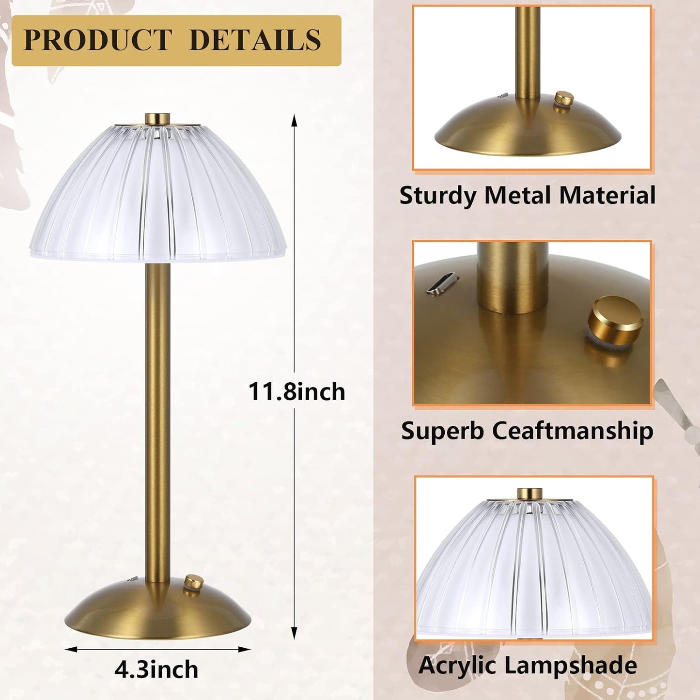Liliful 2 Pcs Cordless Table Lamp LED Touch,Gold,Mushroom Style | 3 Color Dimmable Touch, USB-C Battery Operated