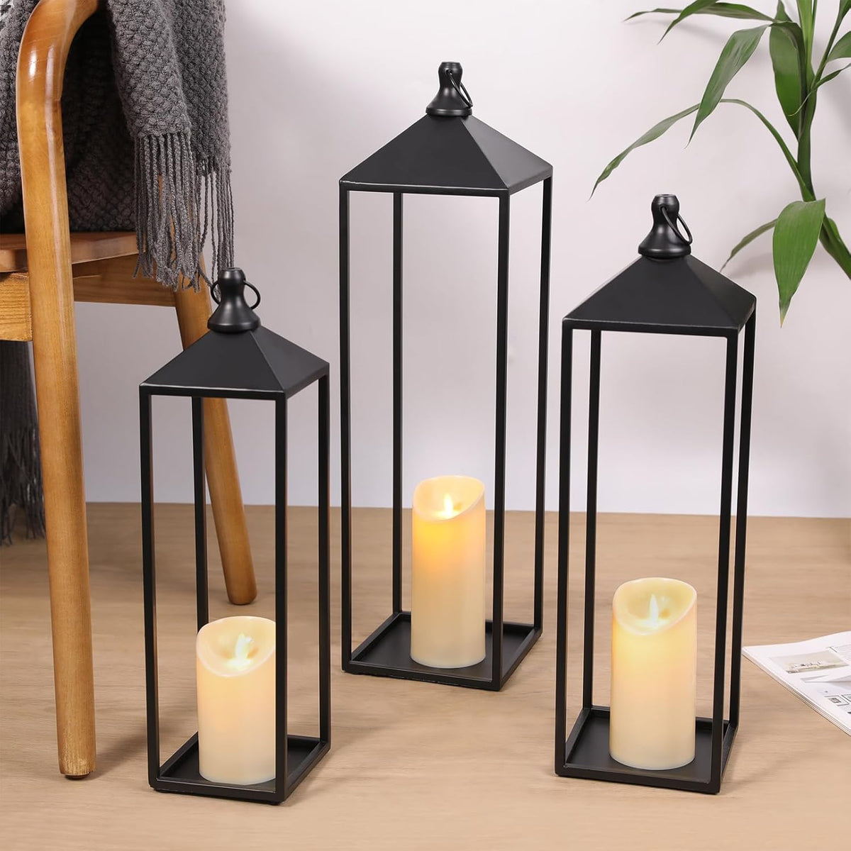 22'' 19'' 17'' Lanterns Decorative Outdoor Indoor, Set of 3 Floor Lanterns | Outdoor Lanterns with Candles, Glass-free