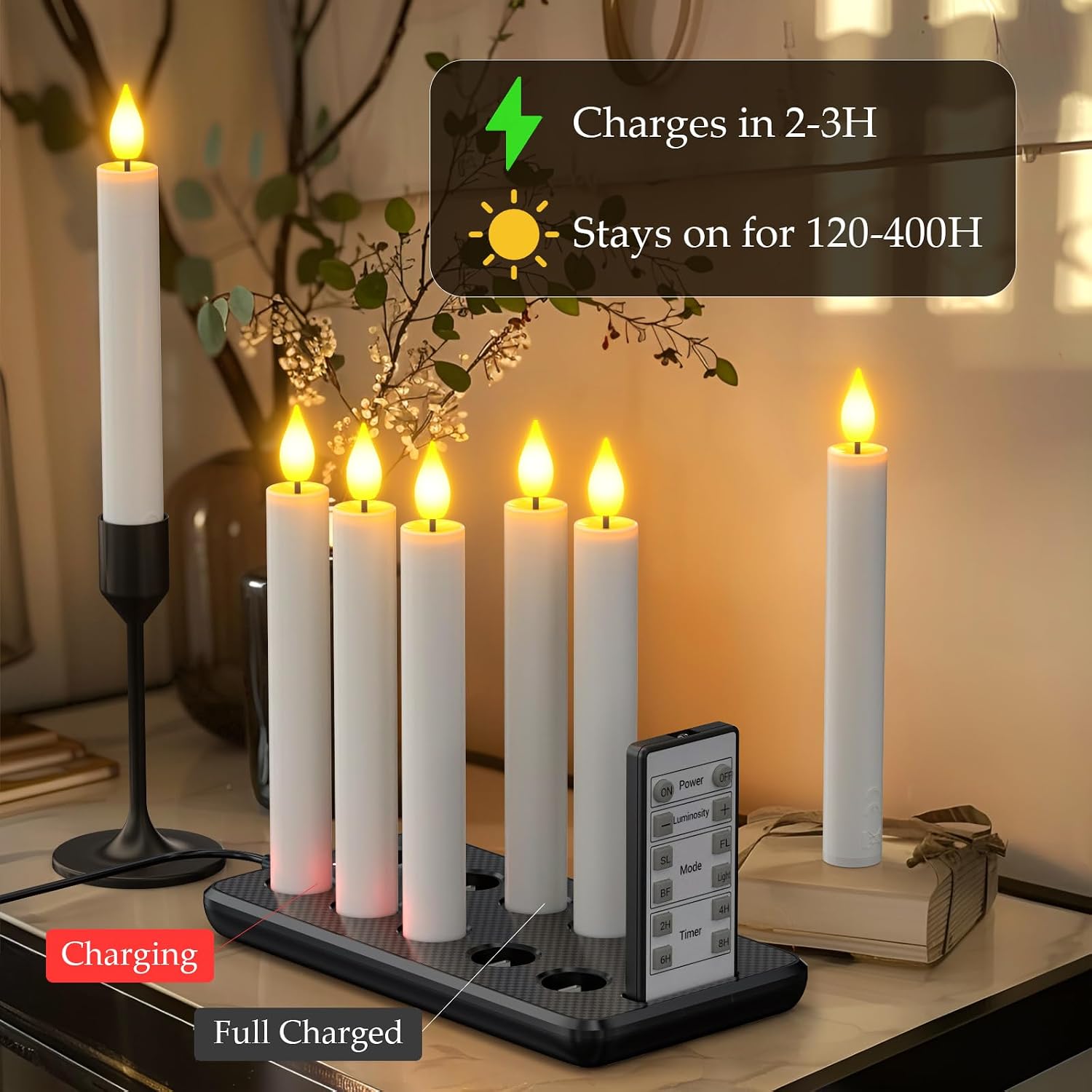 PChero Rechargeable Flameless Taper Candles with Charging Station, 10 Pack | 0.78*6.7, 200H+ Runtime, LED Candles